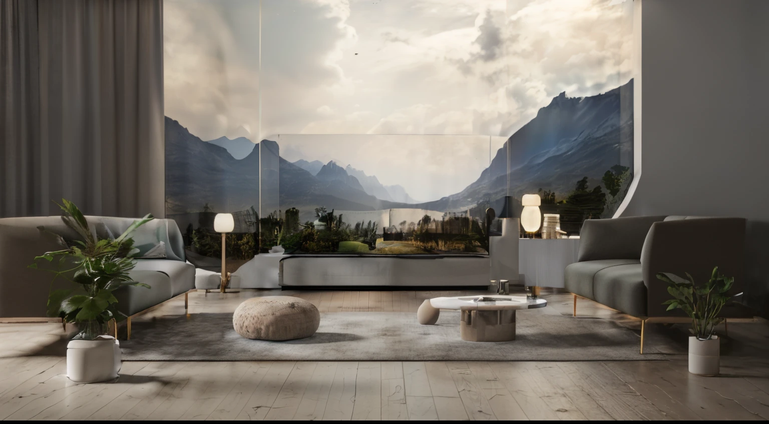 there is a living room with a couch, a chair, coffee table and television, 8K landscape rendering, beautiful landscape rendering, Very realistic 3D rendering, vray 8k rendering, Hyper Real、highly detailed 8 k, 8k vray rendering, stunning 3 d render, stunning 3 d render, Realistic CGI rendering, photorealistic 3d render, highly photographic render