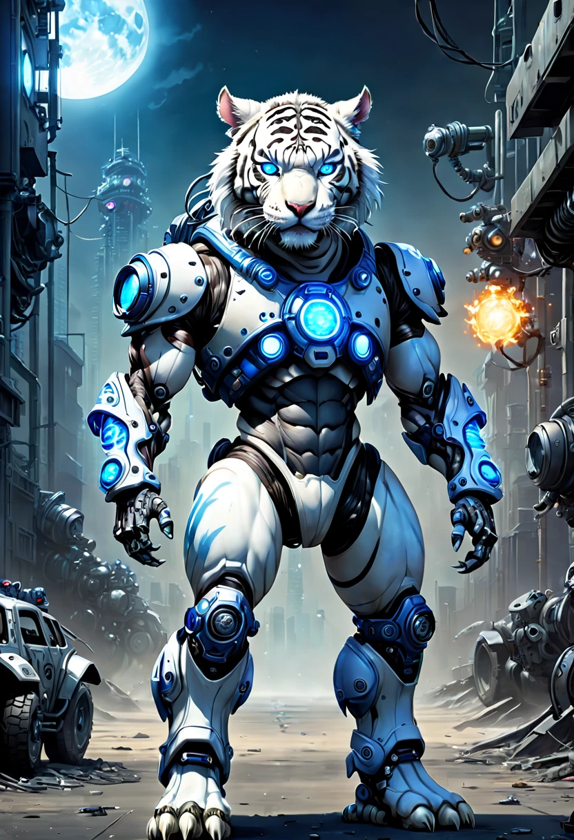 （anthropomorphic turtle：1.5），（fully body photo），cyber punk personage，middle，1 White Tiger Mecha（Mechanical white tiger head，Blue glowing goggles，Gas masks，Muscular limbs，Muscular），Stand on both legs，Mechanical Wonder，Damage to mechanical components，without humans，rays of moonlight，Fantastic brilliance，Destroyed cities，（globalillumination、ray traycing、HighDynamicRange、Unrealistic rendering、Rational design、tmasterpiece、Best quality、hyper HD、电影灯光）