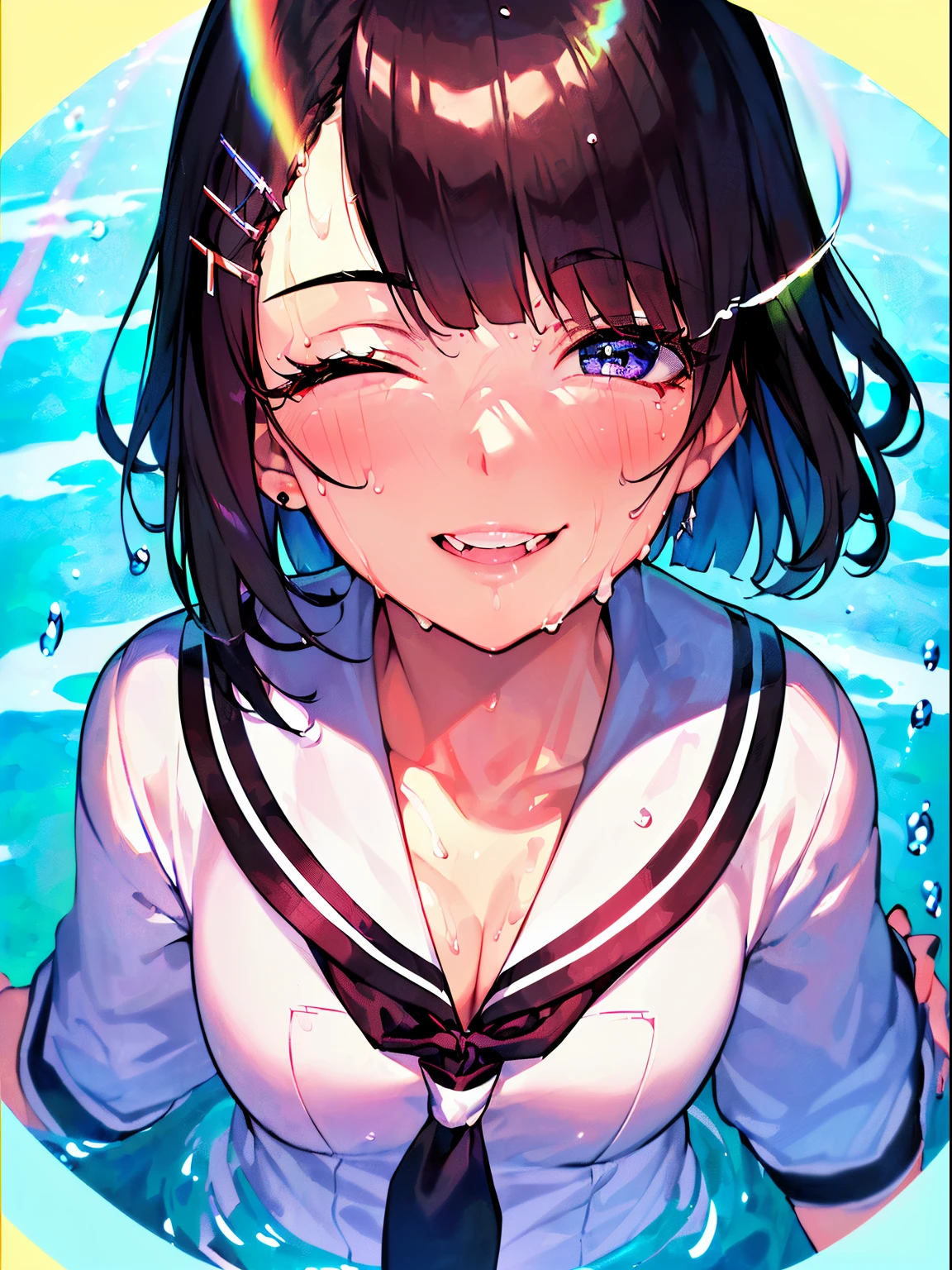 ((((Sharp focus，Vaporwave,closed eye,puckered lips,laughing,happy,sweaty skin,))))((playing bubbles,))(Masterpiece illustration,Beautiful and aesthetic:1.2,aim to viewers,from above), Best quality,Top quality, Epic quality,((((pond,))))(Sun glare, god light,))Neat face,underage,Young,Beautiful detailed hair，black hair，hyper HD, retinas, Textured skin, A high resolution, 16k ，((hairclip,blunt bangs,long sidelocks,short hair,Large bow on head)),Detailed face, 1JK, 1girl,Solo, Perfect face, Very amazing girl,(black sailor uniform,White sailor tie at front),rim-light,((rock and roll))