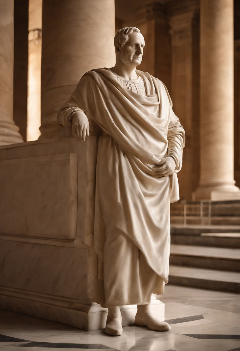 A photo of Cicero exploring a collection of artifacts in a museum.,Roman Republic,Marcus Tullius Cicero has a slender and tall build with a prominent forehead and high hairline. He has a long, thin face, a straight nose and a sharp chin. He has expressive and animated facial expressions. Meticulous in his appearance. Often wears a Roman Toga. He pays attention to his hair and beard.