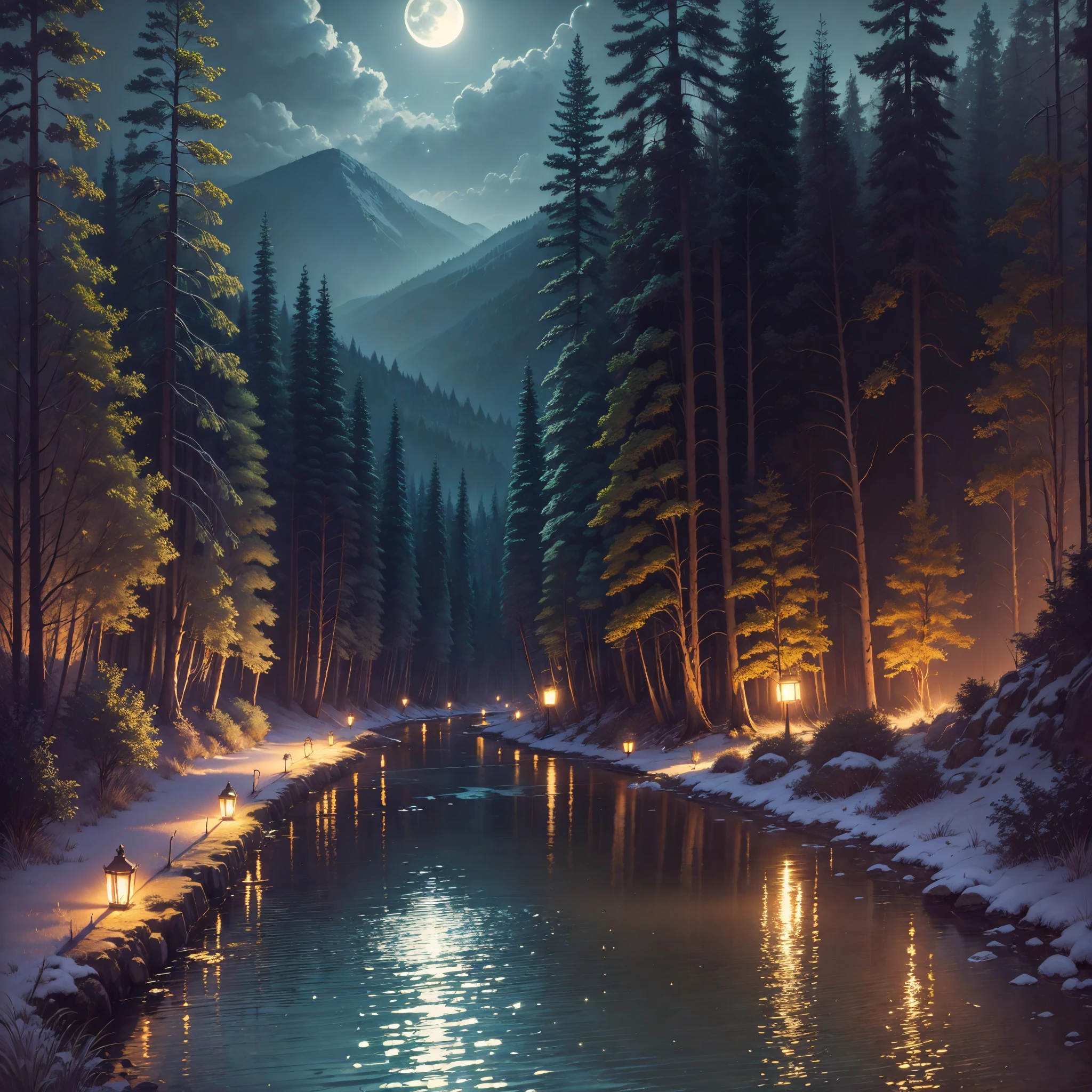 Dark night, bright moonlight, lush forest, valley water shining in the moonlight --auto --s2