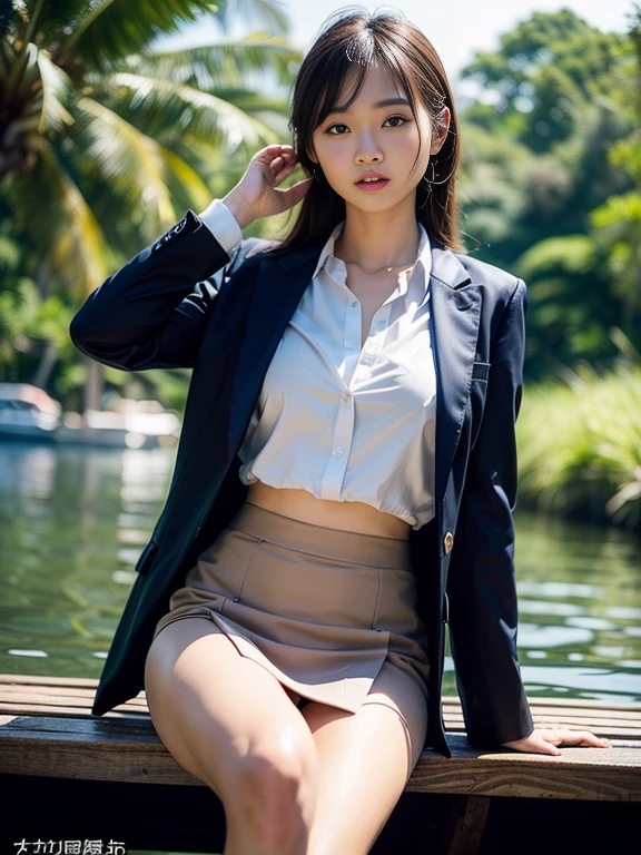 ((top-quality、in 8K、masterpiece:1.3、Raw photo))、Super high quality photos, On a small boat sailing through a tropical jungle, ((Wearing a business suit with jacket and skirt)), ((Beautiful Japanese woman sitting on a boat)),((Wear a white blouse shirt under the jacket)), ((Perfect beauty 20 year old idol Japan woman)), ((burst into laughter)), ((protruding nipples under the shirt,,)), ((slim figure)), ((Slim legs)), ((slim thigh)), (Photorealistic: 1.4), (Ultra-high detail), (hyper realisitic: 1.4), (Realistic: 1.3), (Smooth lighting: 1.05), Full body, 1girl in, Solo, (Japanese actressl), 20yr old, cinematlic lighting, ((Leaner figure)), Good anatomy, Correct anatomy, On a small boat sailing through a tropical jungle, ((Perfect beauty 20 year old idol Japan woman)), ((Slim legs)), ((slim thigh)), ,((Perfect beauty)), ((He has a small camping bag in one hand.)), ((Panties are visible through the skirt)), ((burst into laughter)), ((camel's toe)), ((Wearing a business suit with jacket and skirt)), ((Hands on the crotch)). ((Wearing a skirt)),