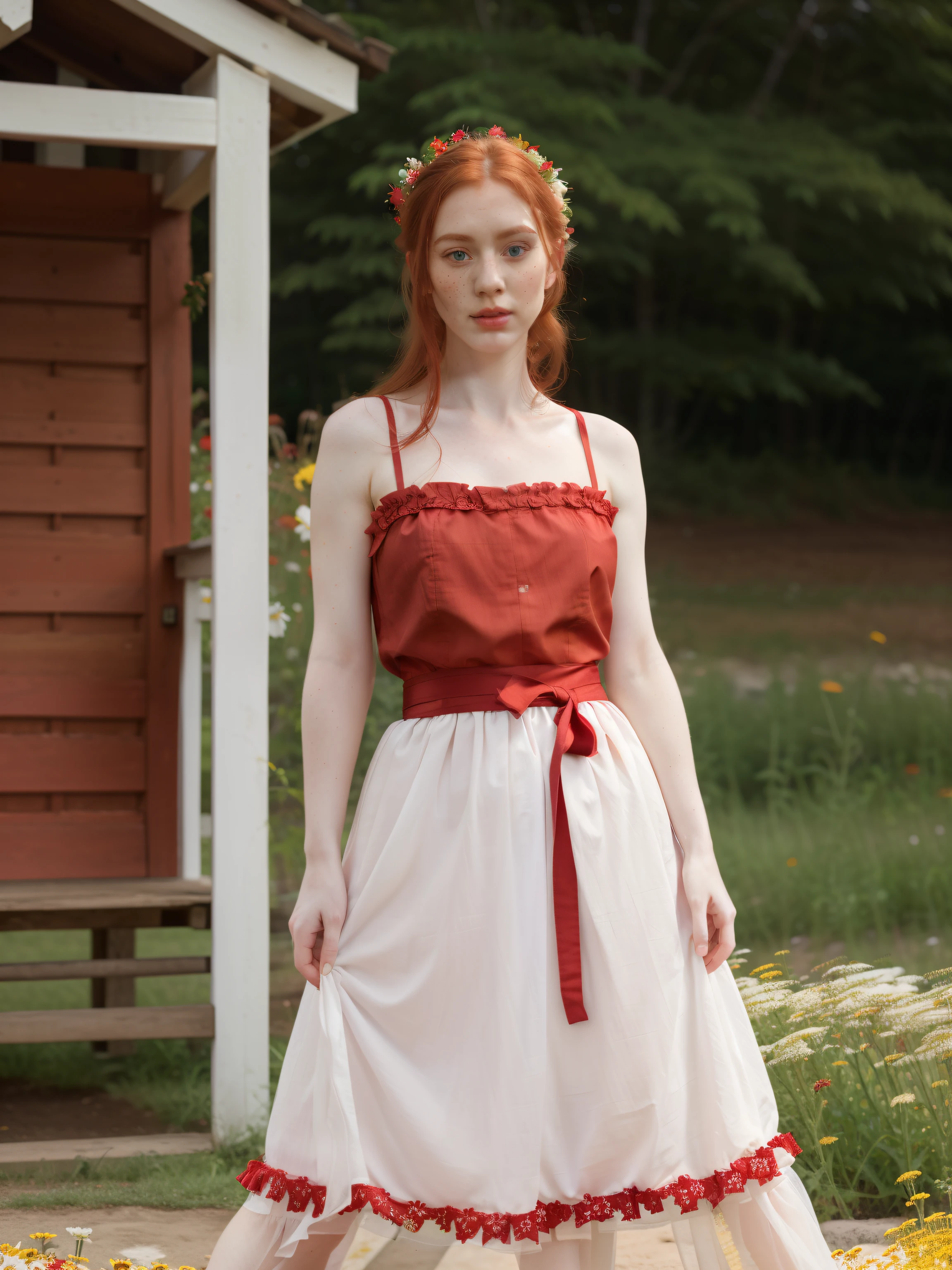 woman wearing a red cotton dress, flowing fabric, sash around waist, waist cinched tight, full length dress, pale skin, freckles, ginger, standing in flowers, 4k, 8k, masterpiece, extremely detailed face and eyes, natural skin, extremely detailed skin, pouty small lips, soft facial features, very pale skin