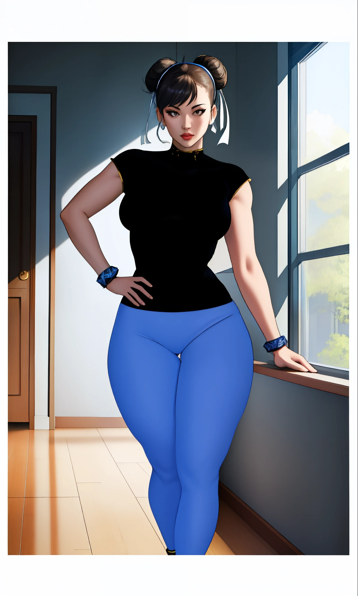 deadass_dutchess Chun-Li white shirt stays at hipline inbeteween the hipdips butt from behind black compression shirt with royal blue polymer latex leggings and navy blue gym shoes, haute couture, highly detailed, ornate, vogue, smooth, sharp focus, cohesive, 8K HD standing t-pose skintight polymer clothes visible silhouette of body tightness of clothes clinging to body very tight with wrinkles and creases and pantylines