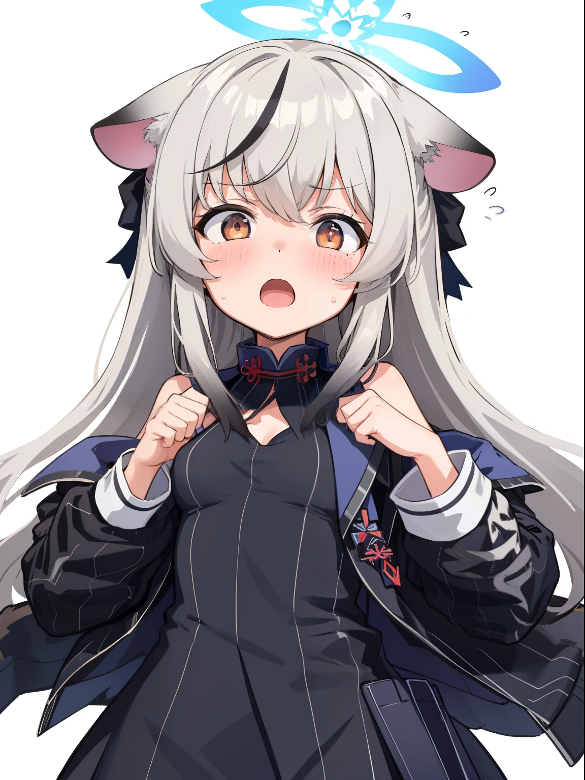 masterpiece, best quality, ultra-detailed, illustration,1girl, black dress, black jacket, blush, breasts, clothing cutout, dress, flying sweatdrops, halo,  jacket, kokona, long sleeves, looking at viewer, open mouth, simple background, solo, upper body, white background
