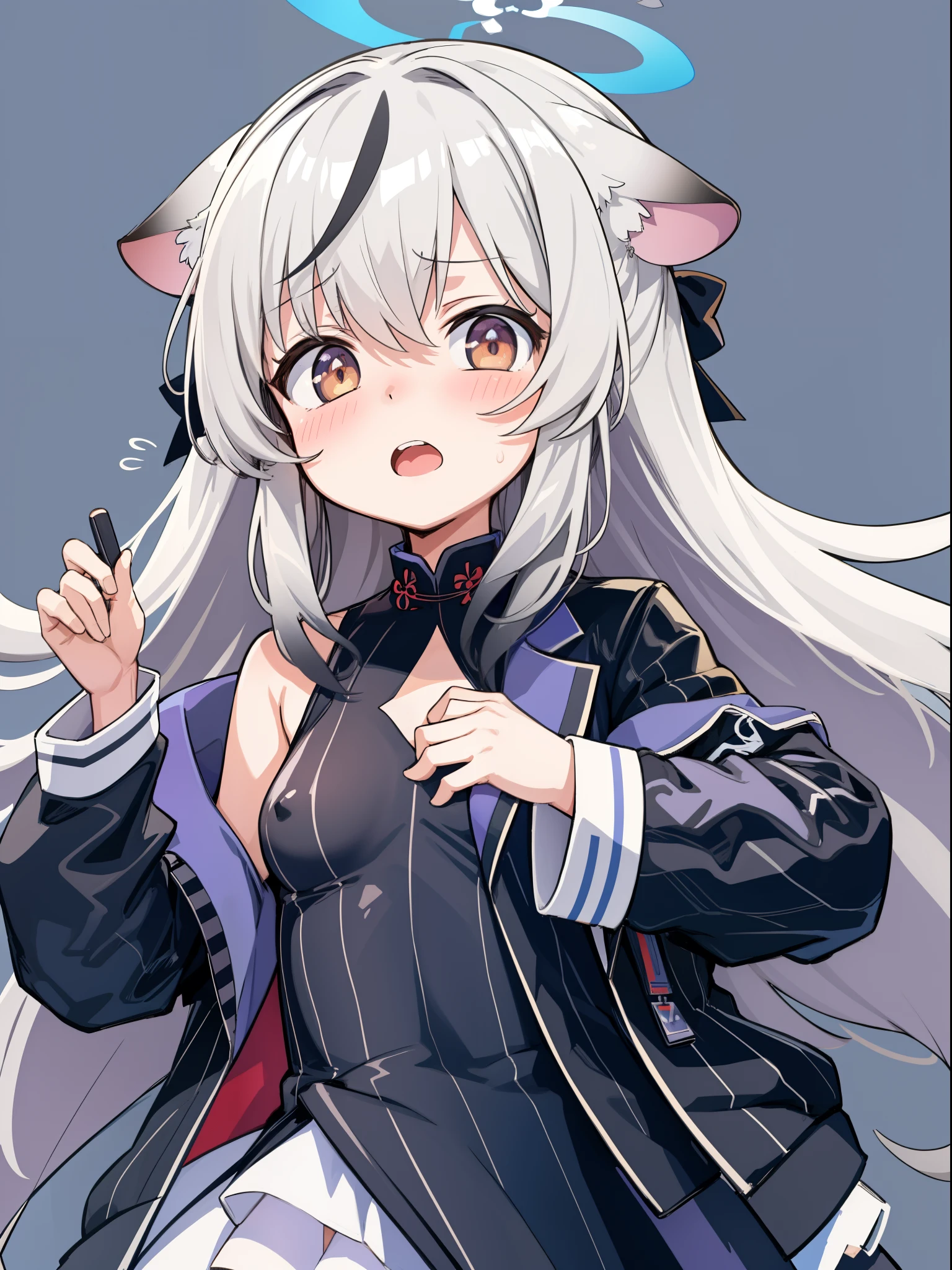 Anime girl with long white hair and a black jacket - SeaArt AI