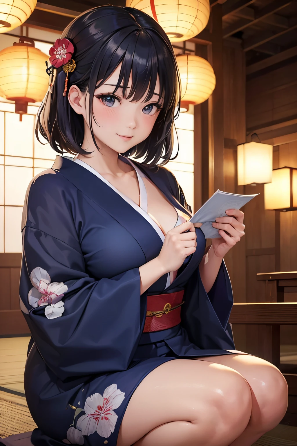 (a masterpiece of、top-quality:1.2)、ultra-detailliert、lighting like a movie、(((Beautiful woman going out to summer festival)))、fair、A smile、woman wearing the kimono, bath robe, classy yukata clothing, Wearing a colorful yukata, in a kimono, Wearing a kimono, japanese kimono, in a kimono, Komono, wearing a haori, Dark blue yukata with morning glory pattern, A Japanese style, Wearing kimono,paper lanterns、The chest is fluttering、squatting、big butts、big breasts thin waist、