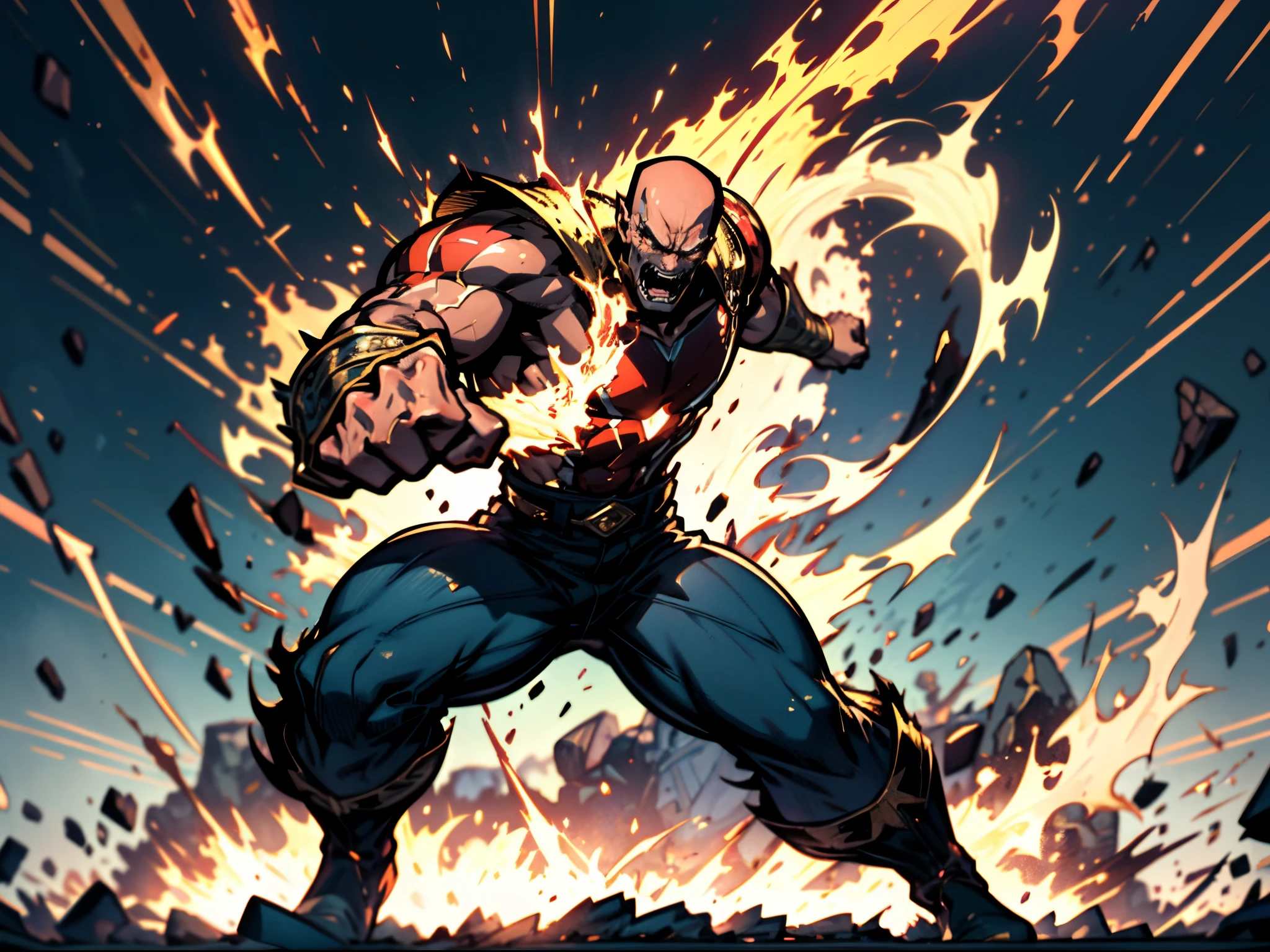 A middle-aged man with golden short hair, an upright hairstyle, thick eyebrows, an angry gaze, an excited expression, open mouth roaring, a robust figure, a sturdy stance, body inclined forward, hands tightly clenched into fists, ready for battle, tattered fantasy-style clothes made of worn-out fabric, coarse fabric trousers, canvas shoes, entire body emits a blood-red fighting spirit energy, powerful energy gathers in his hands, the background depicts a battlefield on a wilderness, this character embodies a finely crafted fantasy-style berserker in anime style, exquisite and mature manga art style, high definition, best quality, highres, ultra-detailed, ultra-fine painting, extremely delicate, professional, anatomically correct, symmetrical face, extremely detailed eyes and face, high quality eyes, creativity, RAW photo, UHD, 8k, Natural light, cinematic lighting, masterpiece-anatomy-perfect, masterpiece:1.5