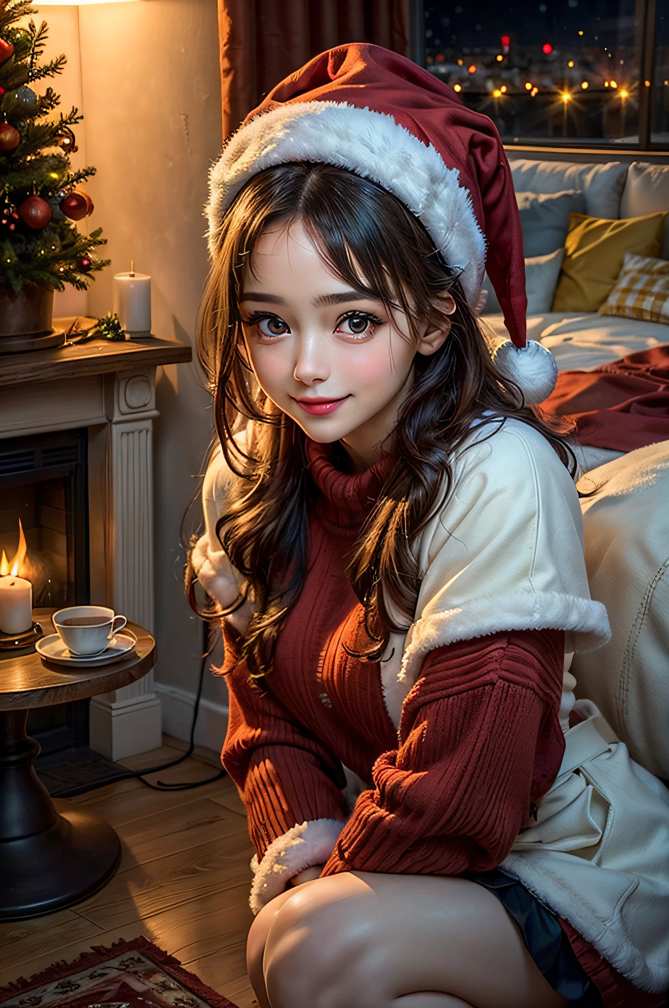 (1girl:1.3), (Extremely cute, Amazing face and eyes), happy smile, solo, realistic, santa hat, christmas, long hair, fire, long sleeves, red sweater, smile, christmas tree, scenery, fireplace, window, couch, table, indoors, cityscape, christmas lights, christmas ornaments, building, night, chair, city, carpet, lamp, rug, city lights, snowing, stuffed toy, curtains, candle, gift box, stuffed animal, snow, cup, pillow, instrument, skyscraper, sky, teddy bear, cushion, (Best Quality:1.4), photo realistic, raw photos, professional photograpy, focus on girls face,