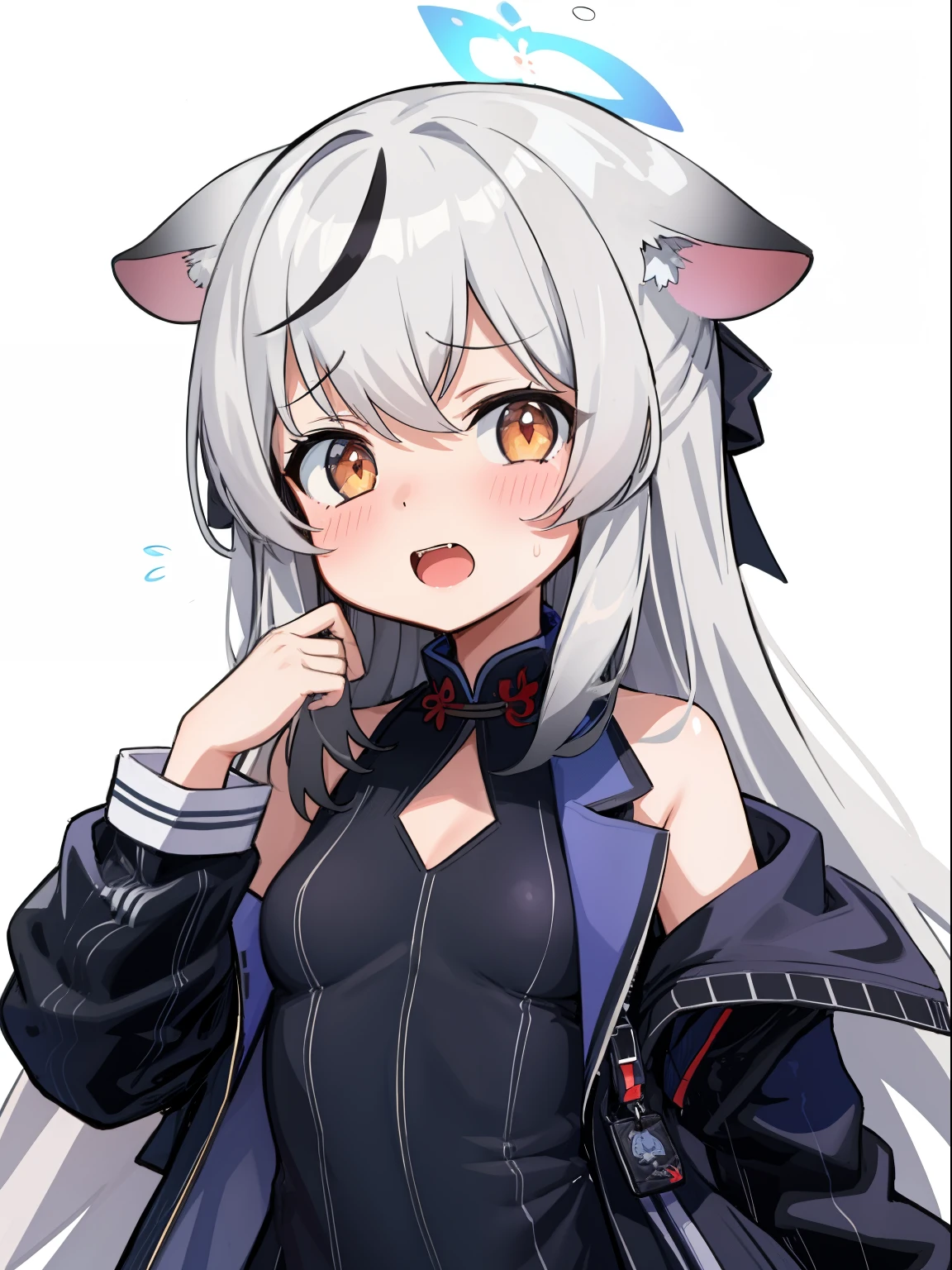 masterpiece, best quality, ultra-detailed, illustration,1girl, black dress, black jacket, blush, breasts, clothing cutout, dress, flying sweatdrops, halo, jacket, kokona, long sleeves, looking at viewer, open mouth, simple background, solo, upper body, white background