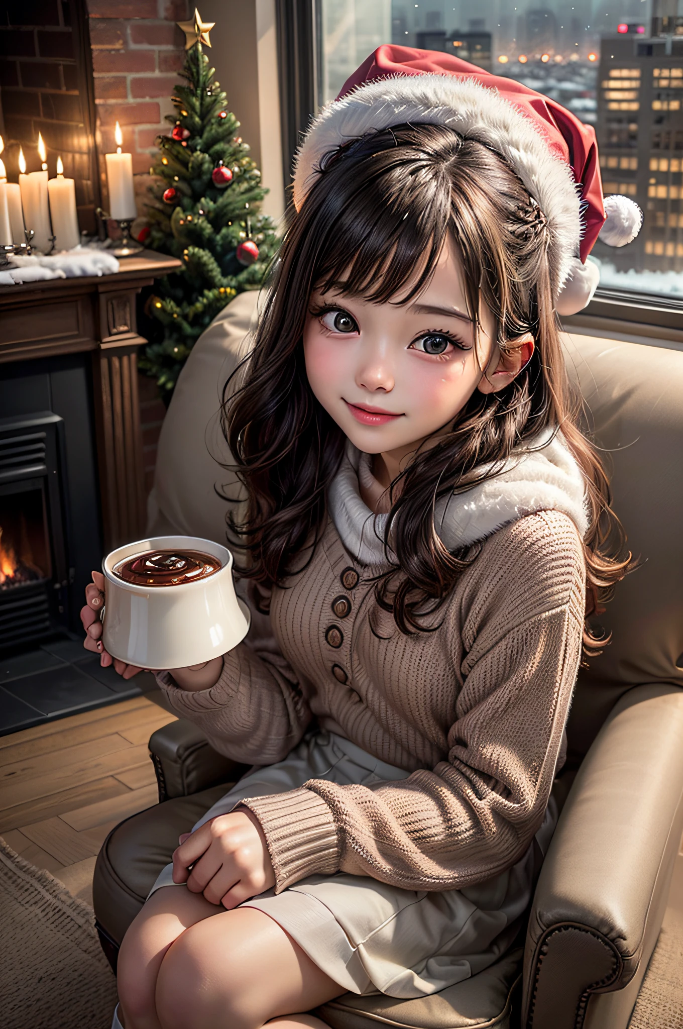 (1girl:1.3), (Extremely cute, Amazing face and eyes), happy smile, solo, realistic, santa hat, christmas, long hair, fire, long sleeves, red sweater, smile, christmas tree, scenery, fireplace, window, couch, table, indoors, cityscape, christmas lights, christmas ornaments, building, night, chair, city, carpet, lamp, rug, city lights, snowing, stuffed toy, curtains, candle, gift box, stuffed animal, snow, cup, pillow, instrument, skyscraper, sky, teddy bear, cushion, (Best Quality:1.4), photo realistic, raw photos, professional photograpy, focus on girls face,