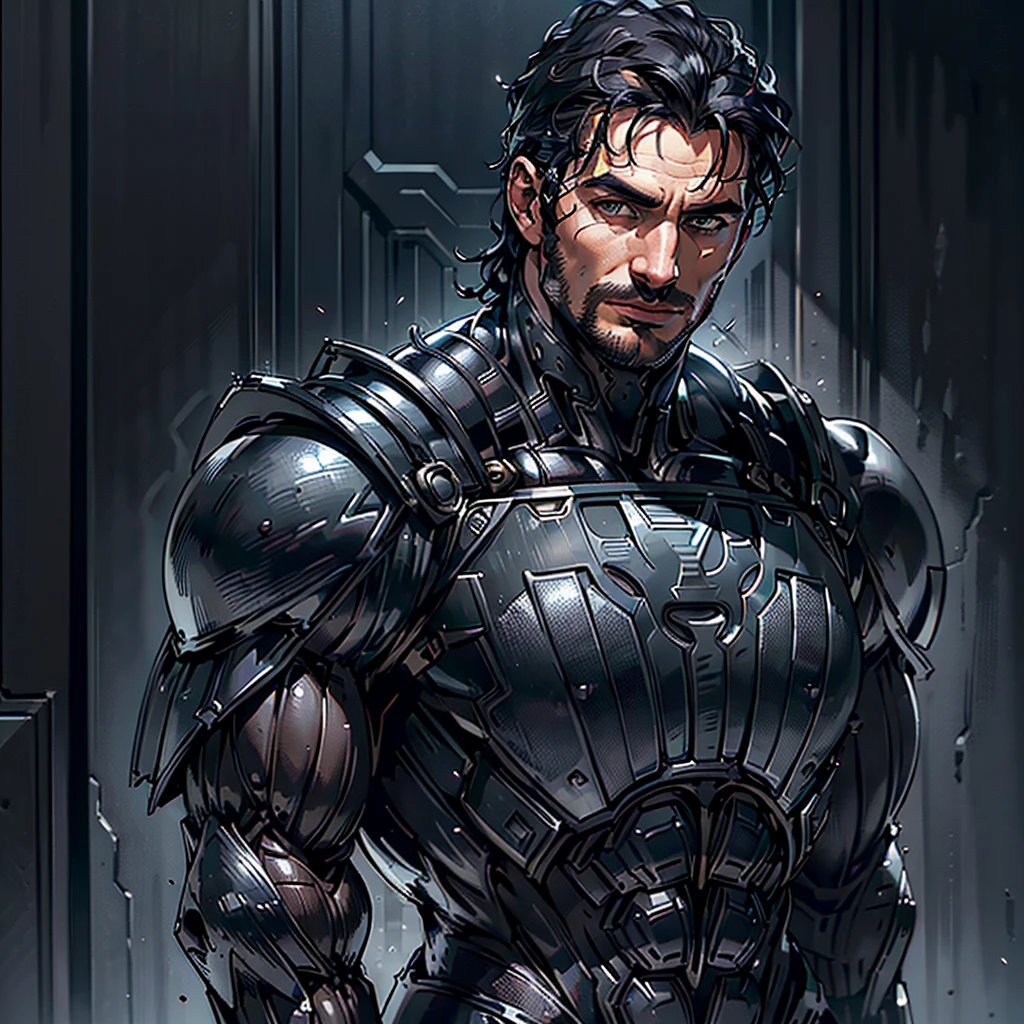 (henrycavill person, man), dynamic pose, ((close-up)), ((Black matte armor, )), (masterpiece, best quality), dslr,, ((Undercut)), black hair), extended goatee, brown Eyes, High resolution, Ultra-pointu, 16k, Masterpiece, three sided view, regard froid