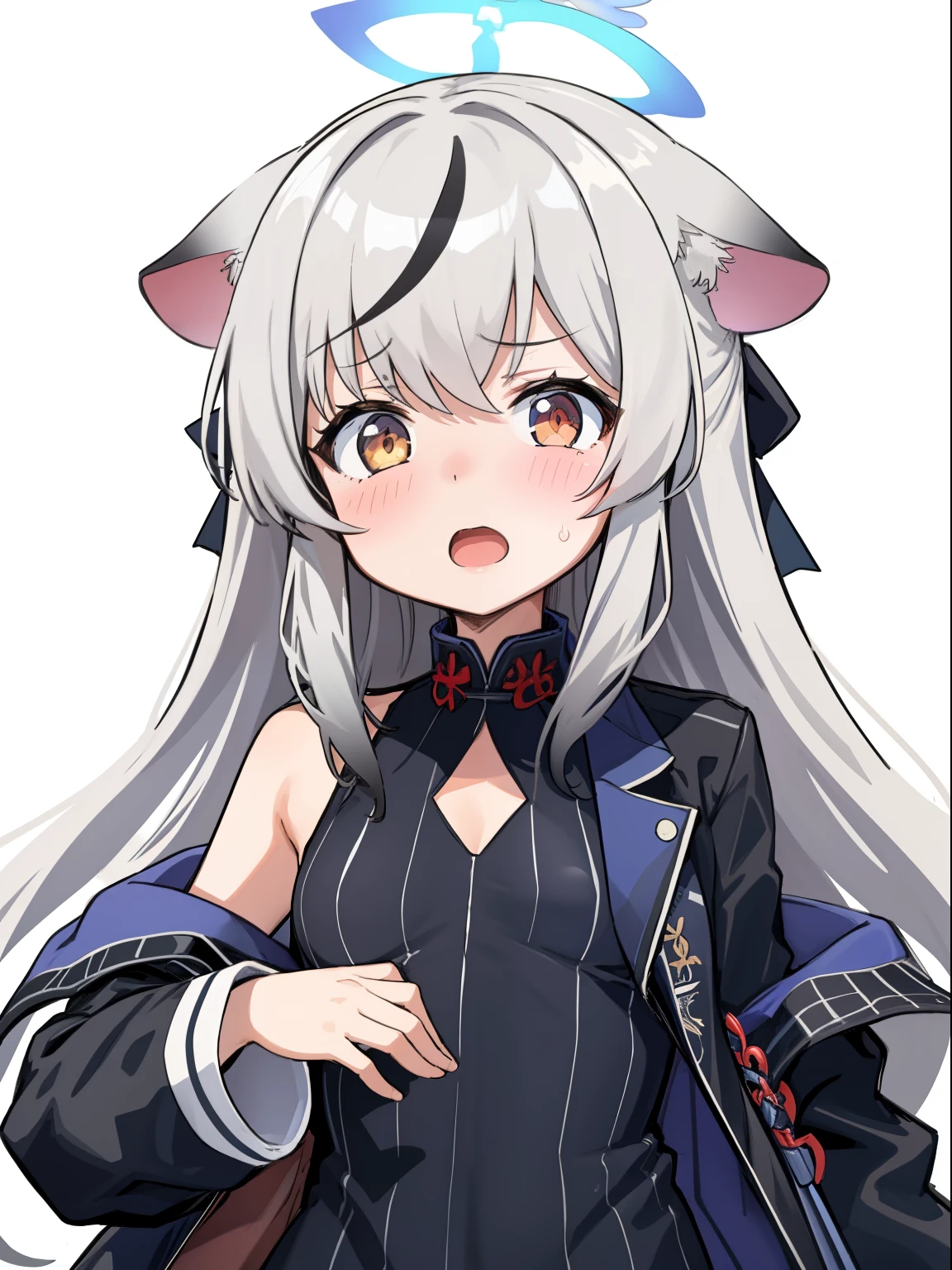masterpiece, best quality, ultra-detailed, illustration,1girl, black dress, black jacket, blush, breasts, clothing cutout, dress, flying sweatdrops, halo, jacket, kokona, long sleeves, looking at viewer, open mouth, simple background, solo, upper body, white background