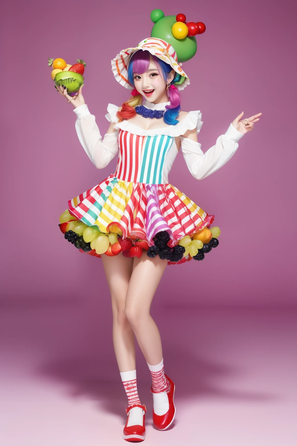 Female idol covered in fruits、full body Esbian、、Fruit-covered clown fashion（Leotard style）、Clown hat、Colorful fruits、Colorful hair