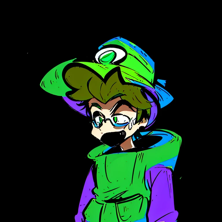 a cartoon boy with a green hat and a purple shirt, cel shaded!!!, inspired by Luigi Kasimir, green doom guy, unknown artstyle, with a weird hat, art in the style of joshy sly, green colored skin!!, cel - shaded art style,