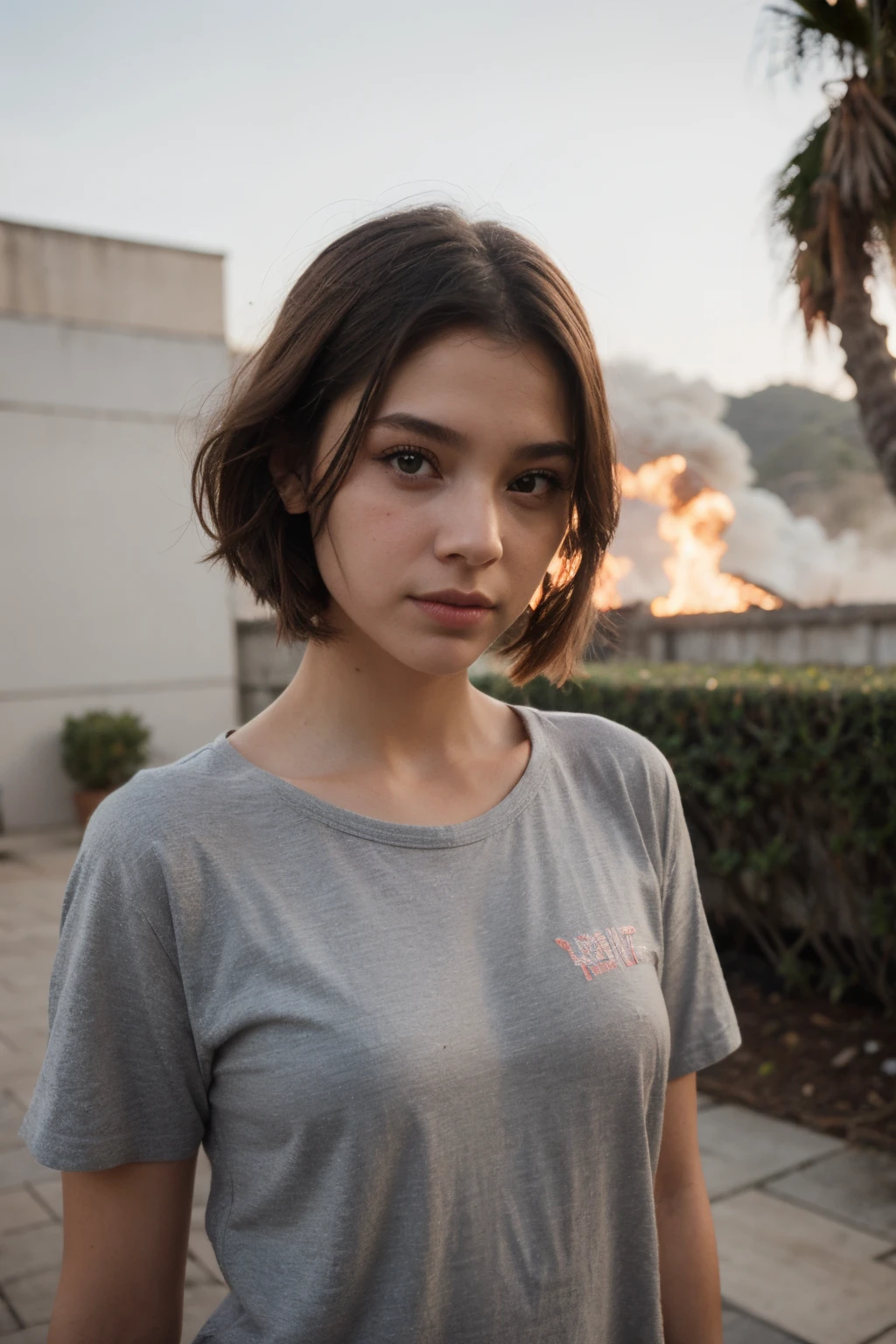 (,sozinho),corpo inteiro, gradiente_Background Story, ((burning,respirando fogo, blast,cauda ardente)), Roupas rasgadas,cabo,Chifres,propriedade_espada, menina careca raspado na um, piercing no nariz no septo e orelha no tragos e cartilagem, branca, medium to dark brown eyes, gordinha, moletom cinza claro, basic makeup, boca vermelha, covinhas leve, estilo desenho da Disney