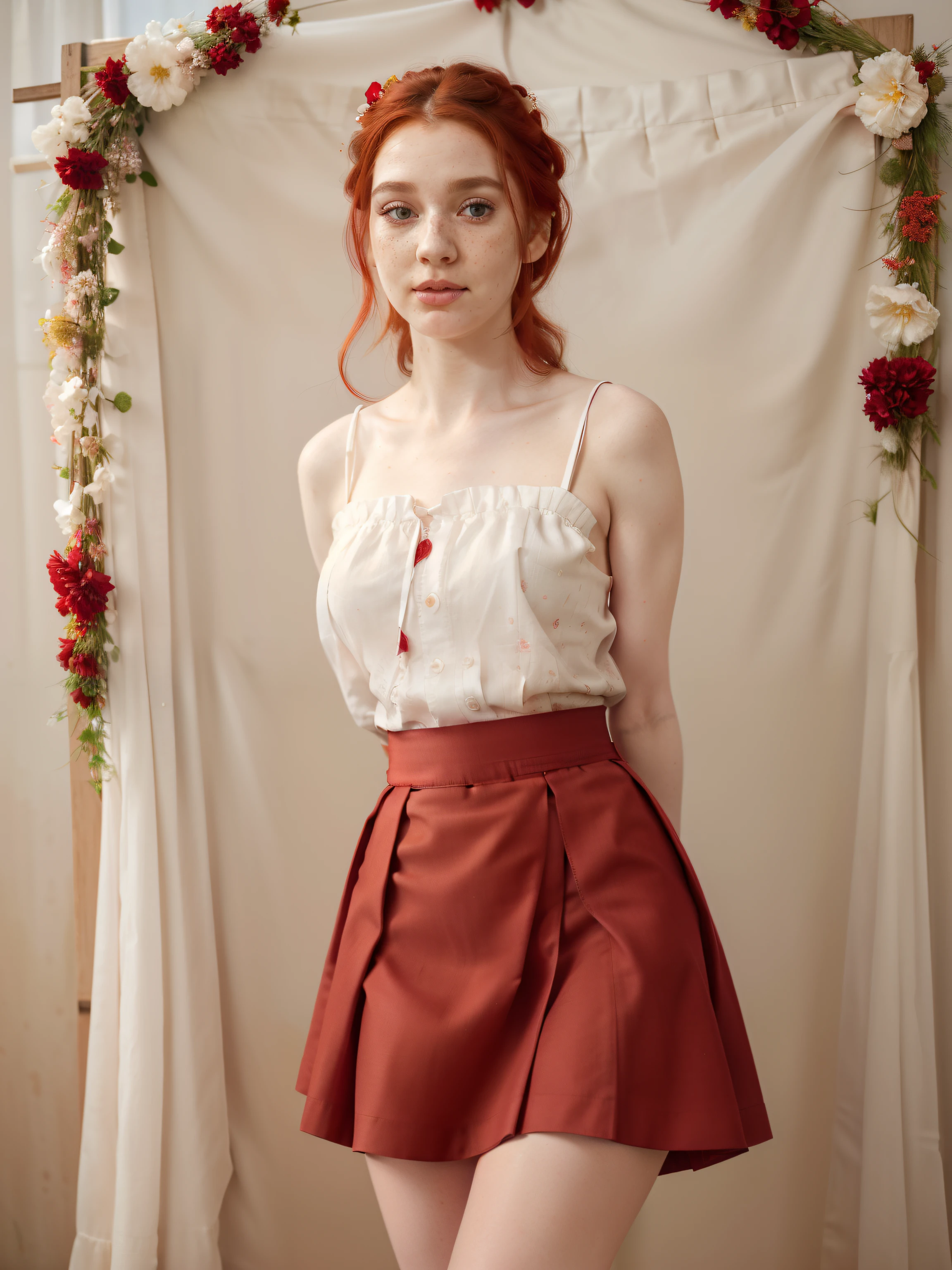 woman wearing a red cotton dress, flowing fabric, sash around waist, waist cinched tight, full length dress, pale skin, freckles, ginger, standing in flowers, 4k, 8k, masterpiece, extremely detailed face and eyes, natural skin, extremely detailed skin, pouty small lips, soft facial features, very pale skin, ((pulling up skirt:1.23)), sly smile