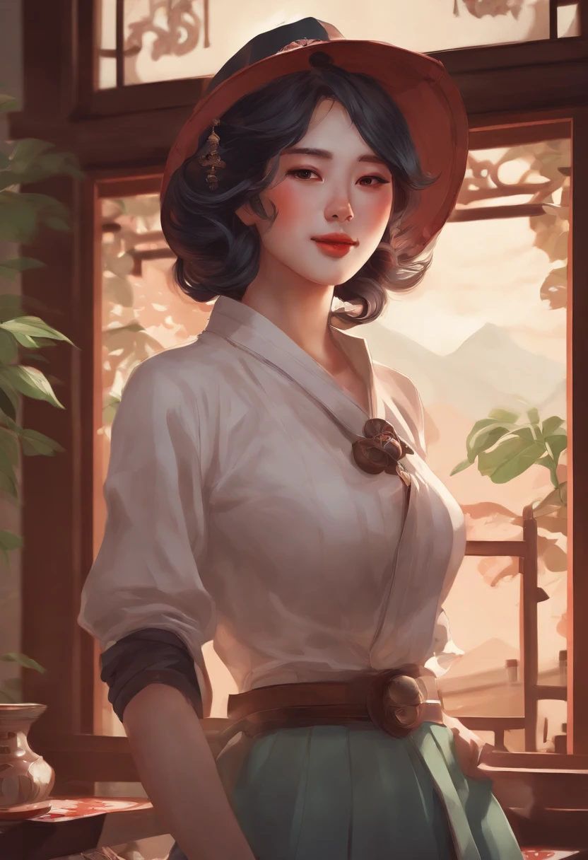 (Higher resolution, Distinct_image) best qualtiy, femele, masutepiece, Highly detailed, semi - realistic, 21 years old, Beautiful, 年轻, Handsome, T-shirt, Lilac Shirt Pull, collar on neck, interiors, Modern room, window, Awaken, morning, blush, Smiling、Anime character girl wearing a hat, Rugged look、in the style of sachin teng, sachin teng, gas mask in ukiyo-e style, sengoku - era art style, demon slayer rui fanart, anime style illustration, inspired by Yoshihiko Wada, sage ( pricing ), Trending on ArtStation pixiv, japanese art style