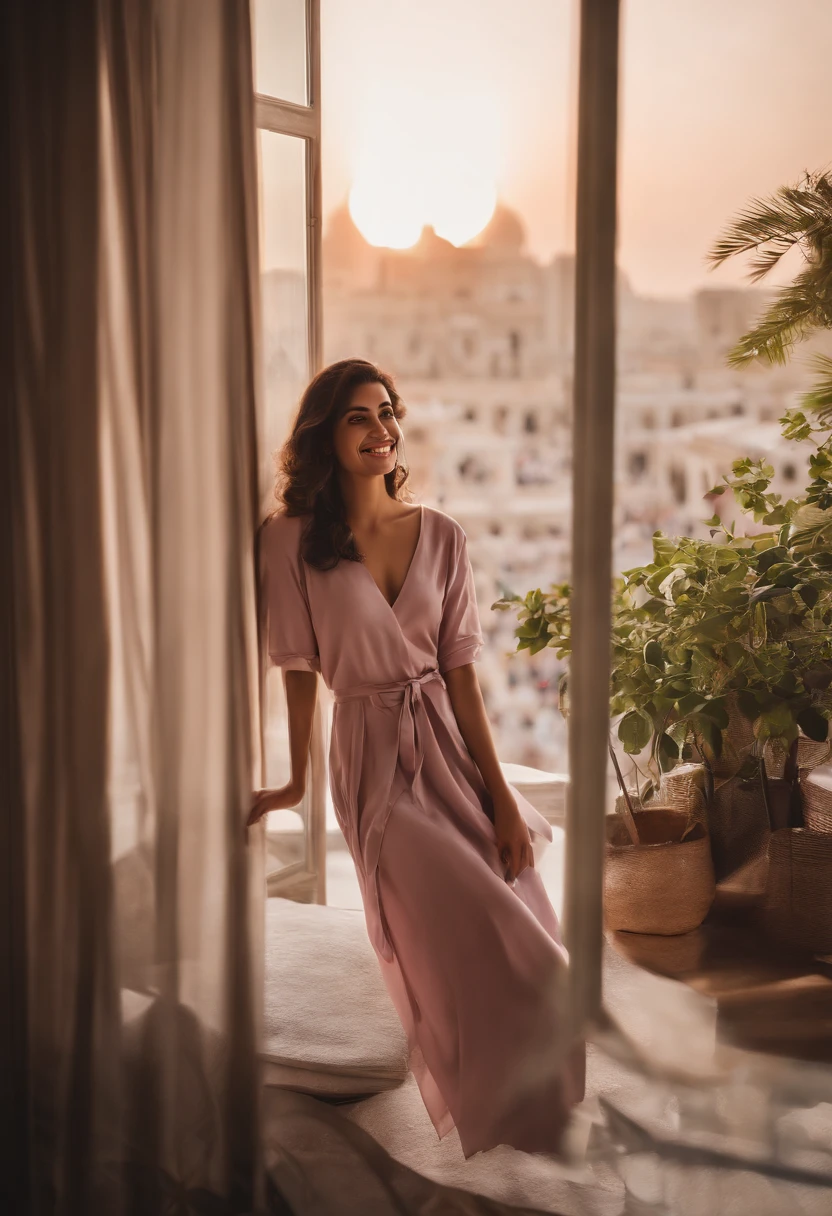 (Higher resolution, Distinct_image) best qualtiy, femele, masutepiece, Highly detailed, semi - realistic, 21 years old, Beautiful, 年轻, Handsome, T-shirt, Lilac Shirt Pull, collar on neck, interiors, Modern room, window, Awaken, morning, blush, Smiling、During the Arab Spring, Egyptians were dissatisfied with the long-term government without a president, and he resigned.