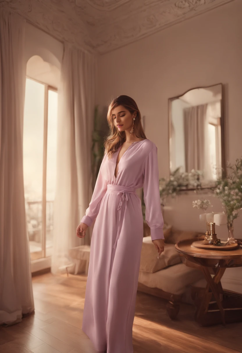 (Higher resolution, Distinct_image) best qualtiy, femele, masutepiece, Highly detailed, semi - realistic, 21 years old, Beautiful, 年轻, Handsome, T-shirt, Lilac Shirt Pull, collar on neck, interiors, Modern room, window, Awaken, morning, blush, Smiling、During the Arab Spring, Egyptians were dissatisfied with the long-term government without a president, and he resigned.