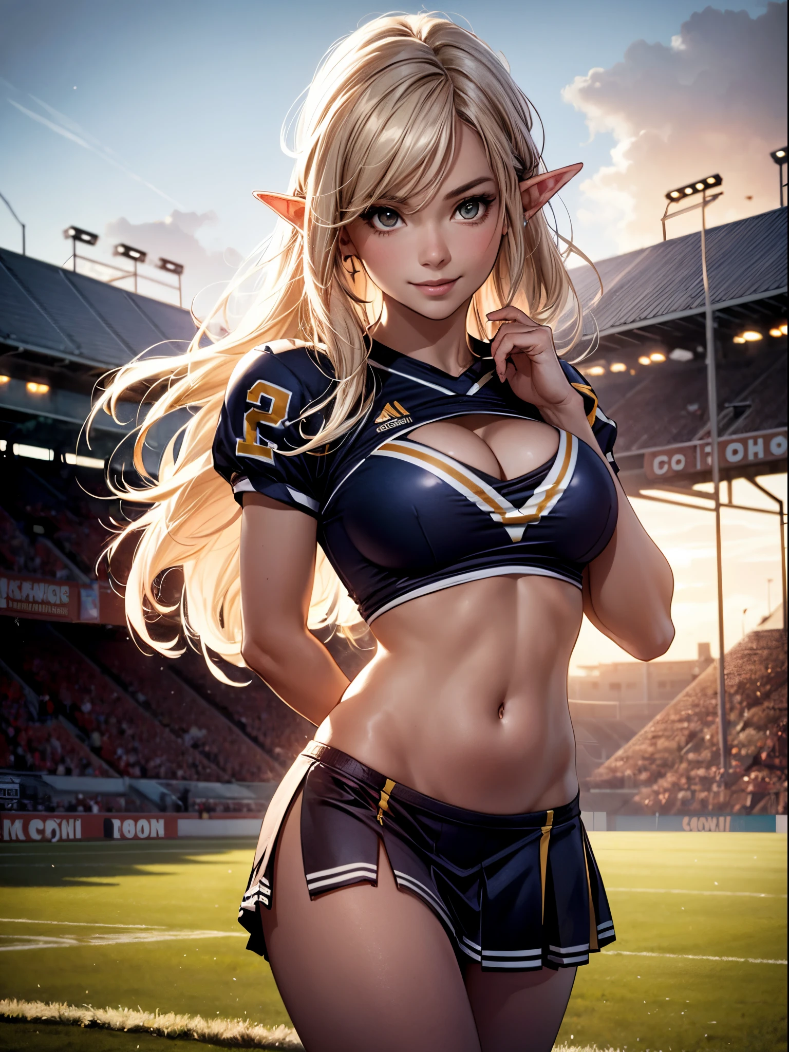 (​masterpiece), (top-quality), sunset, natural lights, ,(realistic:1.5), Sydney Sweeney as a Stunningly beautiful cheerleader, elf girl, pointed ears,cheerleader uniform, curvaceous, medieval fantasy, wavy hair, hair blowing in the wind,  blonde_hair, tanned, wearing a revealing cheerleader uniform, short_skirt, frilly skirt, cleavage, sexy, sensual, hazel eyes, smiling, sexy pose, athletic, looking at viewer, eye contact, stunningly beautiful 20 years old elf woman, sunset, detailed medieval football field in background, background, orc_football player, elf_football player, foreground, fantasy, dynamic pose, action pose,alluring, seductive_pose, natural lights, cleavage, athletic body, medium breasts, upper body, mid shot, masterpiece, detailed, mature, bright colors, high saturation, stunningly beautiful girl, precise hands, seductive smile, happy, love, Clear eyes, Shining eyes,, ultra-definition, Top resolution, soft lightning