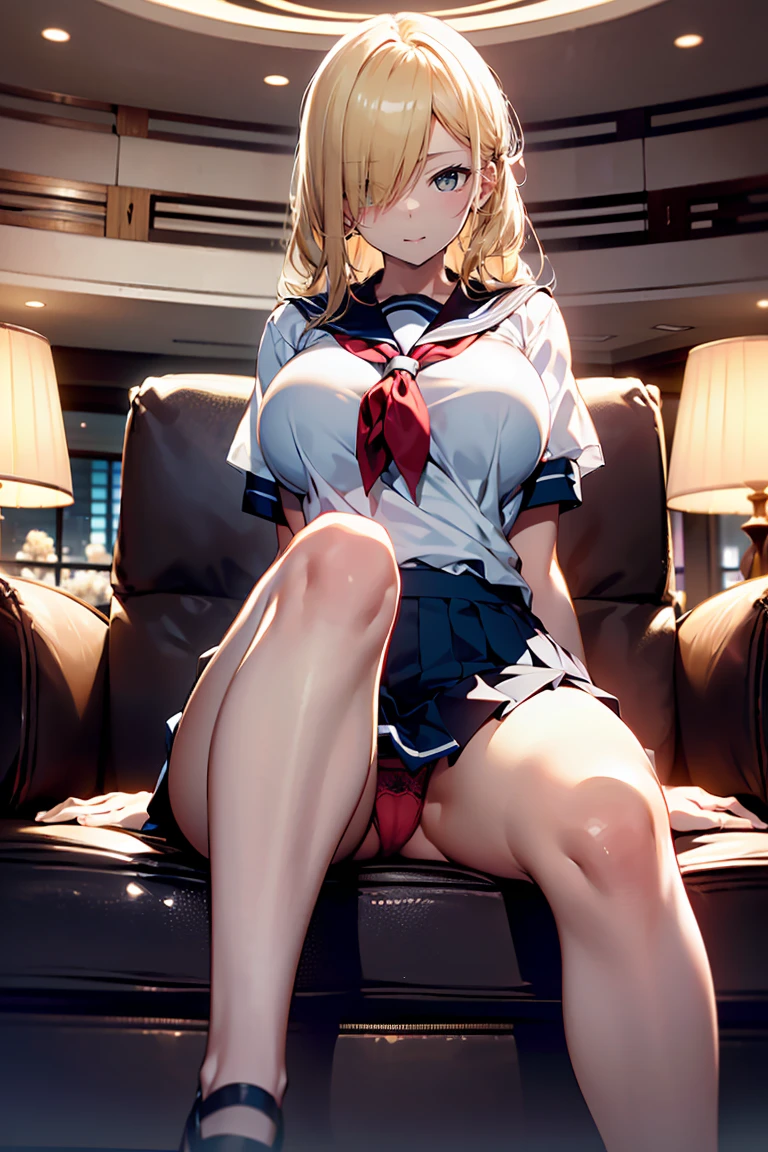 (top-quality,High resolution,(Ultra high definition,4K), (Ultra High Resolution,8K),masutepiece:1.2), (Perfect Anatomy,Anatomically accurate), (Angle from below), (Soft lighting, 光线追踪), (Two cute high school girls), (Cute wink:1.2), ((Sitting on a sofa in the lobby of a luxury hotel and opening your legs)), (Girls' High School Sailor Uniform), (Red lace panties), (Crisp double eyelids), (fascinated expression),(Large breasts:1.3), NSFW,(Soft skin), (Photorealistic), (Glowing skin), (blondehair)
