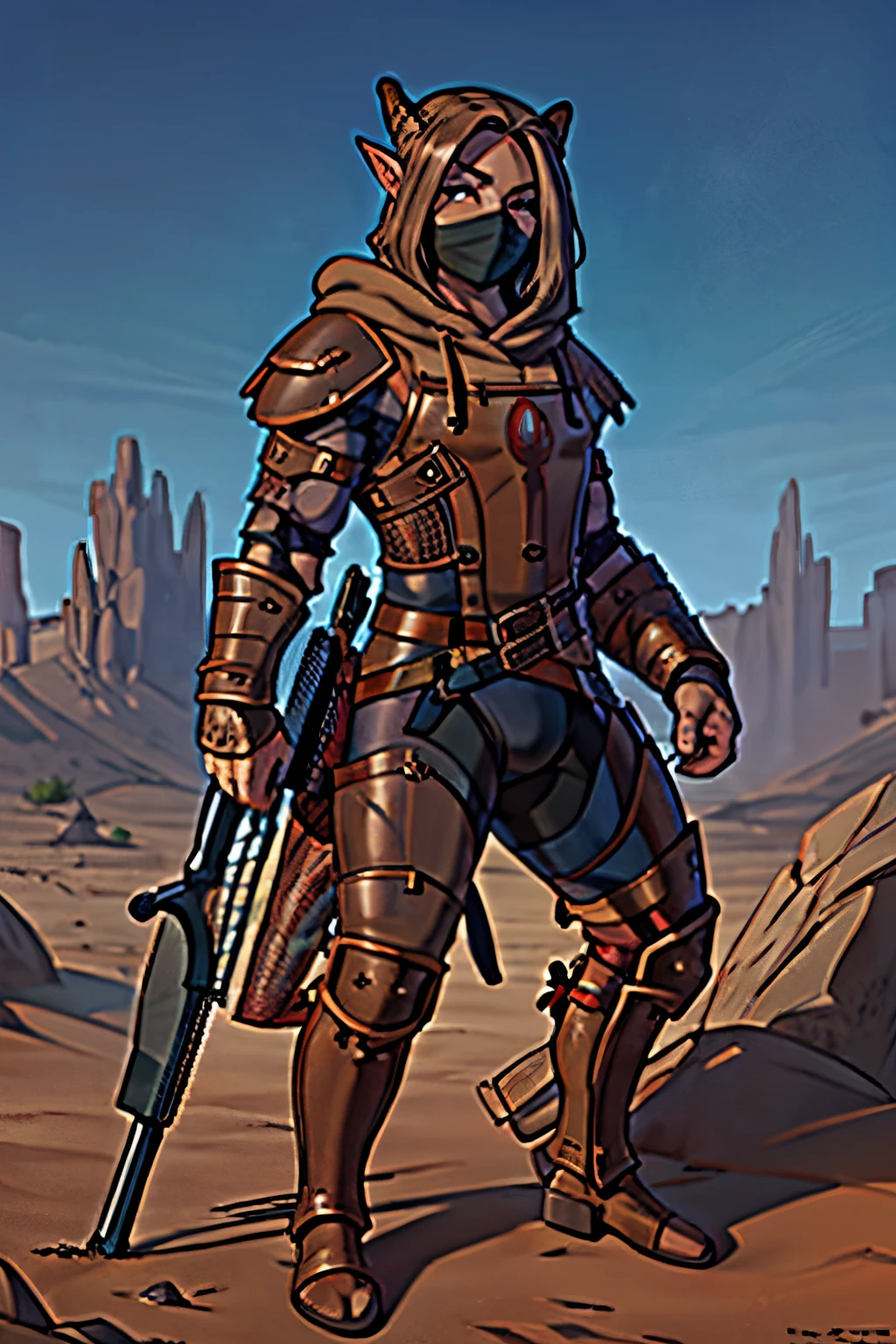 16k, HD, Professional, Highly Detailed, ((Masterpiece: 0.3)), (((High Quality))), Ultra-detailed face, Highly Detailed Lips, Detailed Eyes, full body, ((1 male)), wrapped in linen, eyes, leather armor, ((((hunter rifle)))), (((brown colored) armor) and wraps), face covered by dragon mask, pointed ears, (brown clothing), red scales around eyes, ((wearing a mask)), in a desert, ((wearing a hood)), short brown hair