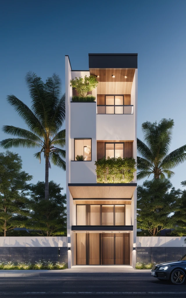 1 morden architect, main material by white wall and wood, 1large yard, 1 road runs in front of the house, (RAW photo, real, best quality, masterpiece:1.2), look morden minimalist, 1 road in front of the house, dynamic lighting:1.3, (hyper realistic, photo-realistic:1.2), high quality, (dark lighting:1.2), perfect lighting, archdaily, no human
