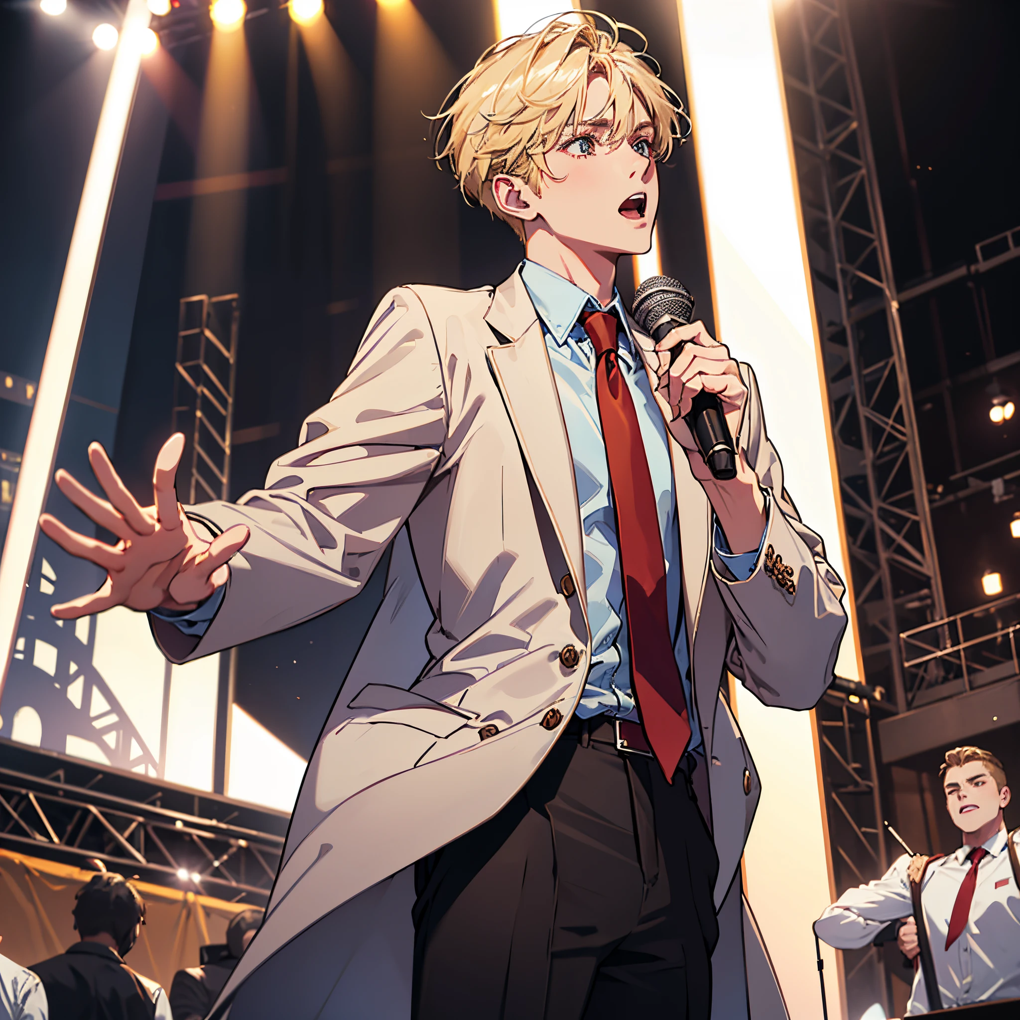 masterpiece, Best Quality, 4k, a blond, Brown eyes, reflective eyes, Pretty boy, high school student, White shirt, Red Tie, light blue jacket, black underwear, frontage, Singing on stage, The perfect human body, stage light