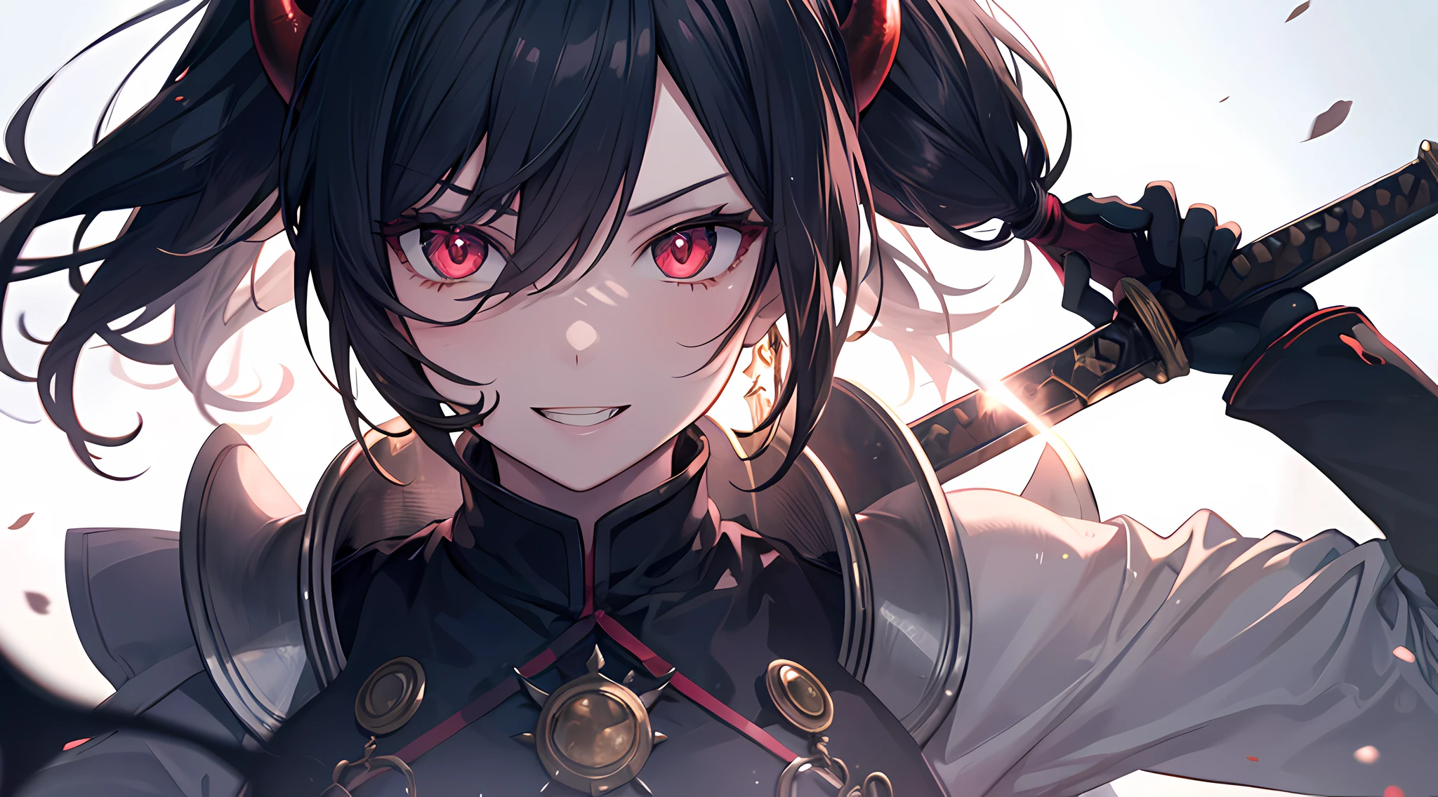 (1 demon girl), front lighting, demon horns, medieval era knight uniform, sword on her back, detailed face, walking in the middle of the war on daytime, black hair, glare, short ponytail hair, toothy smile, front lighting, 8k, masterpiece, ultra HD,