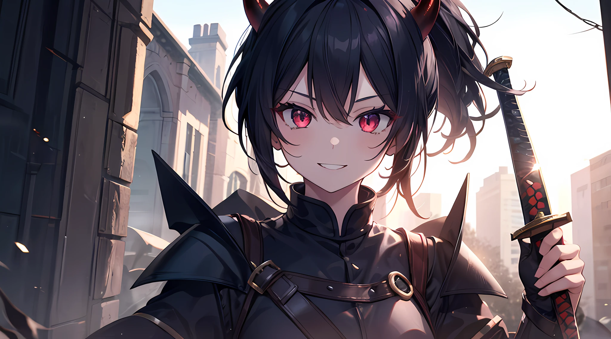 (1 demon girl), front lighting, demon horns, medieval era knight uniform, sword on her back, detailed face, walking in the middle of the war on daytime, black hair, glare, short ponytail hair, toothy smile, front lighting, 8k, masterpiece, ultra HD,