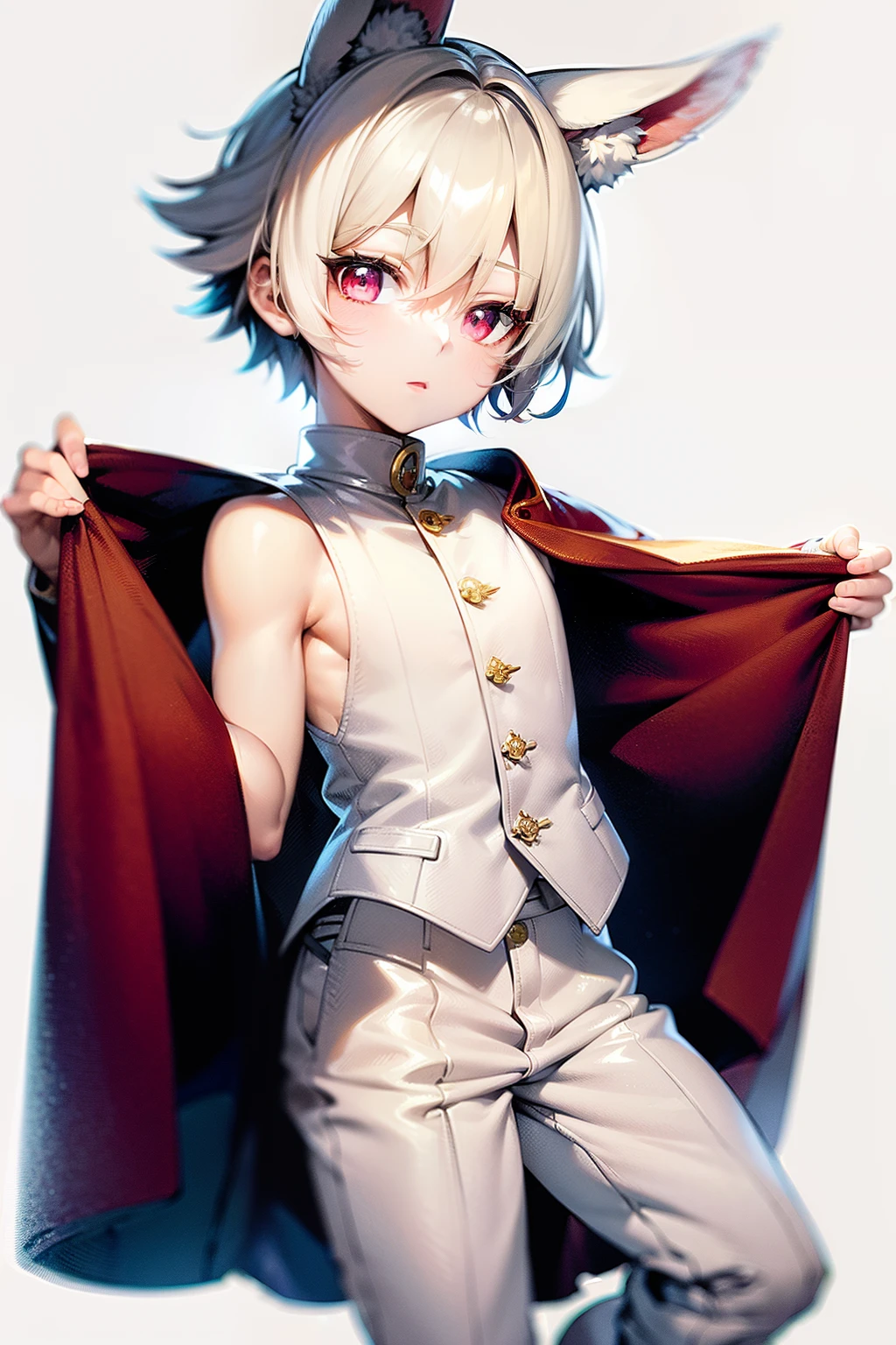 illustartion, One character, young boy, light skin, The eyes are red, albino, white colored hair, Hare ears, Short Hair Hair, Hare's Tail, vest with fur collar, linen tunic, linen trousers, waist-high, (Simple background, whitebackground: 1.3)