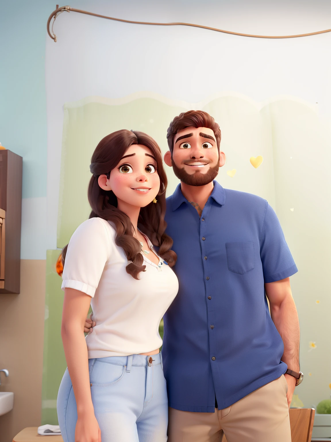 um casal, um rapaz pardo de cabelo cacheado e raspado dos lados e com barba na me bochechas, Blue collar blouse and button down kissing the head of a brown girl, de cabelos lisos, brinco e blusa gola alta verde