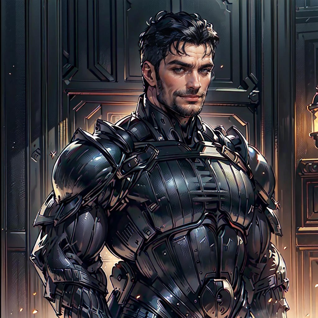 (henrycavill person, man), dynamic pose, ((close-up)), ((Black matte armor, )), (masterpiece, best quality), dslr,, ((Undercut)), black hair), extended goatee, brown Eyes, High resolution, Ultra-pointu, 16k, Masterpiece, three sided view, smile,