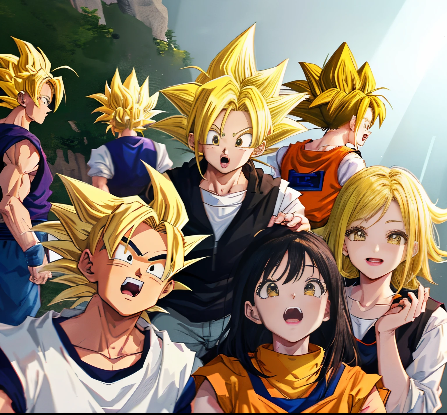 there are many people that are posing for a picture together,dragonball,Son Goku,quadratic element,shoun,head portrait,super saiyan, ((yellow hair:1.3)),(blond hair:1.3), goku, super saiyan, dragon ball concept art, dragon ball artstyle,4k, manga wallpaper, ((close mouth:1.3)),