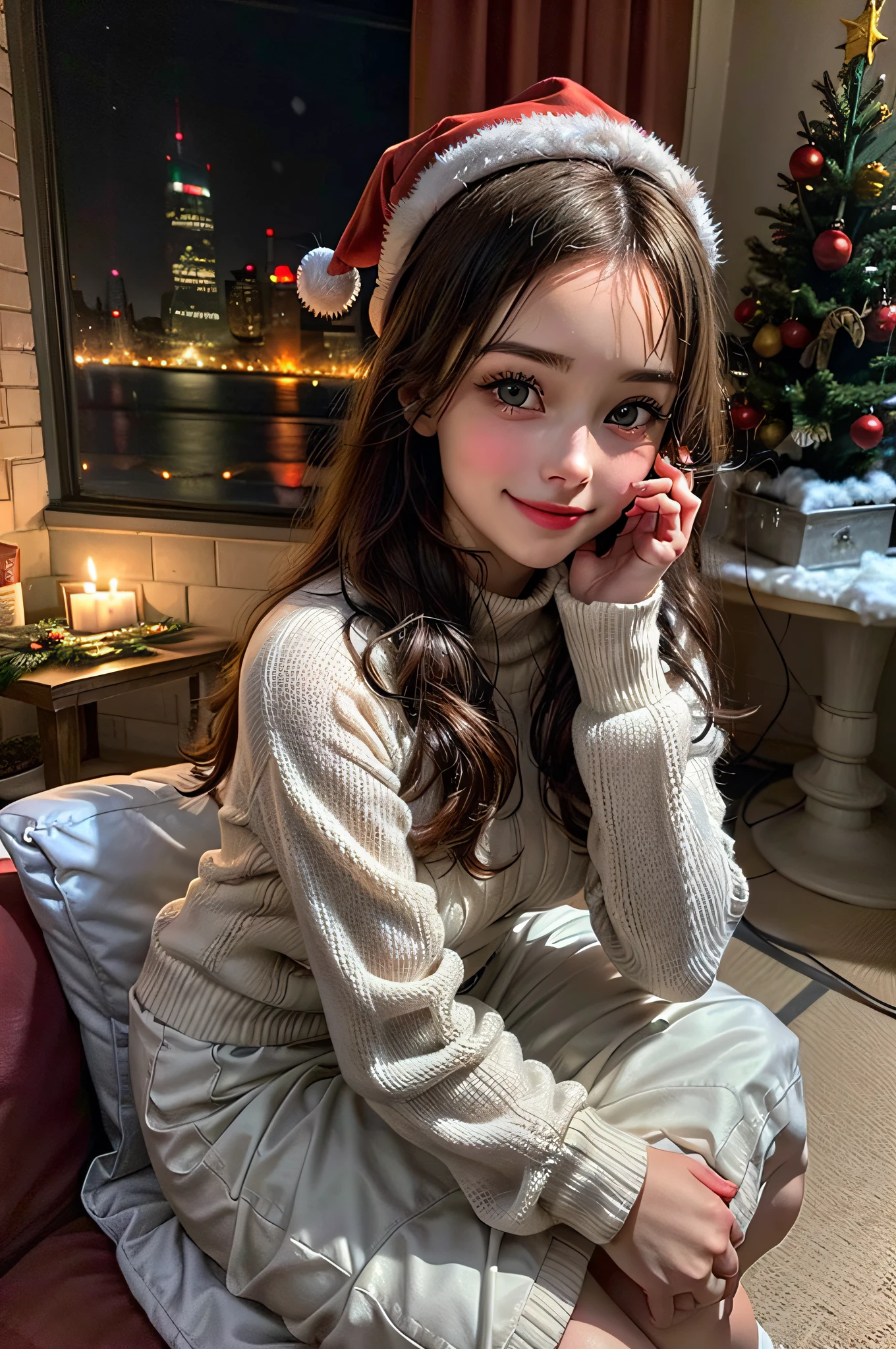 (1girl:1.3), (Extremely cute, Amazing face and eyes), happy smile, solo, realistic, santa hat, christmas, long hair, fire, long sleeves, red sweater, smile, christmas tree, scenery, fireplace, window, couch, table, indoors, cityscape, christmas lights, christmas ornaments, building, night, chair, city, carpet, lamp, rug, city lights, snowing, stuffed toy, curtains, candle, gift box, stuffed animal, snow, cup, pillow, instrument, skyscraper, sky, teddy bear, cushion, (Best Quality:1.4), photo realistic, raw photos, professional photograpy, focus on girls face,