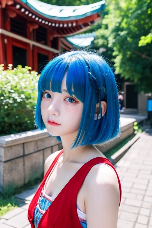 girl with, Blue hair ,red eyes, animesque,bob cuts、Surrounded by penises、Crying face。outside of house。