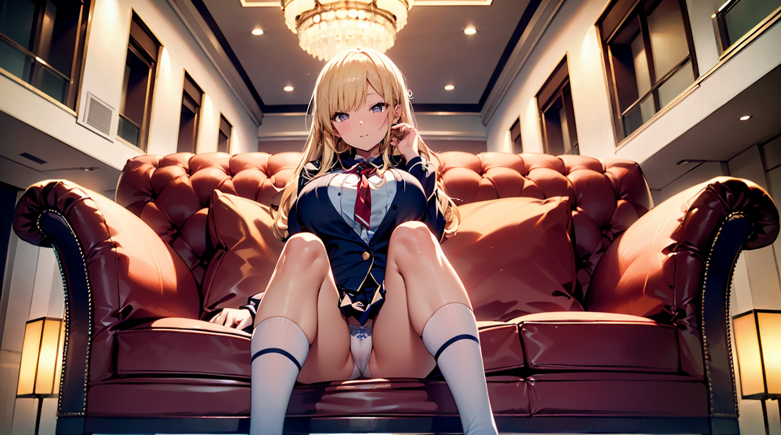 (top-quality,High resolution,(Ultra high definition,4K), (Ultra High Resolution,8K),masutepiece:1.2), (Perfect Anatomy,Anatomically accurate), (Angle from below), (Soft lighting, 光线追踪), (Two cute high school girls), (Cute wink:1.2), ((Sitting on a sofa in the lobby of a luxury hotel and opening your legs)), (Girls' High School Sailor Uniform), (Panties with strawberry pattern), (Crisp double eyelids), (fascinated expression),(Large breasts:1.3), NSFW,(Soft skin), (Photorealistic), (Glowing skin), (blondehair)