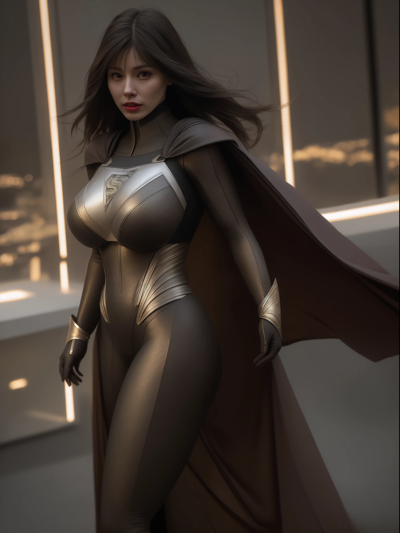 a close up of a asia woman in a superman costume standing on a cityscape, amouranth as a super villain, super photo realistic, realistic cosplay, super photo-realistic, ultra mega super hyper realistic, super-hero girl, super realistic photo, superhero body, highly detailed giantess shot, supergirl, superhero, superhero portrait, super model, super hero, super photorealistic, gigantic breasts, showing Vulvas muscular body, sexy body,