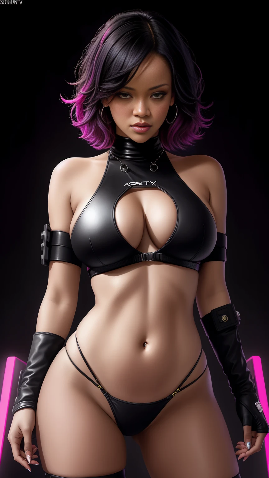 there is Rihanna standing, 3 d neon art of a womans body, neon-noir background, cyberpunk femme fatale, seductive cyberpunk dark fantasy, cyberpunk strip clubs, cyberpunk 20 y. o model girl, oppai cyberpunk, banner, high definition cgsociety, cgsociety masterpiece, trending on cgstation, kda, random hair, looking at camera, gigantic breasts, cleavage, (high detailed skin:1.2), 8k uhd, dslr, super lighting, high quality, film grain, high res, highly detailed, hyper realistic, beautiful face, beautiful body, beautiful eyes nose lips, alluring expression, very bold, upper boobs visible, full body photo, standing legs apart, pale translucent glowing skin, most beautiful face, cute, (well defined pubic hair:1.2)), (dark plain black background:1.4))