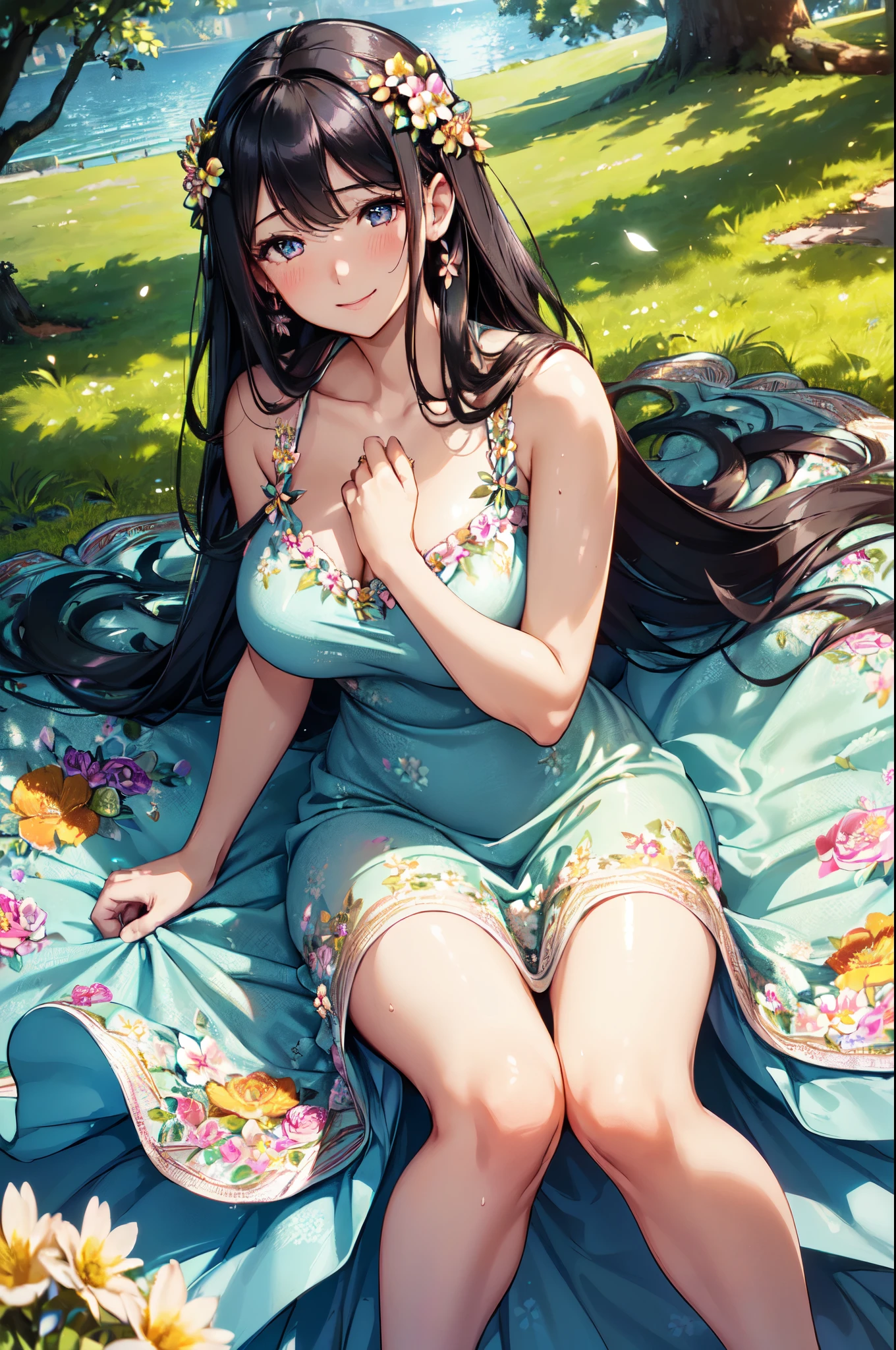 (High quality, High resolution, Fine details), Realistic, ((((Woman spinning and dress spreading)))), ((floral long dress)), flowing hair, soft lighting, outdoor setting, summer vibes, sunlight filtering through the trees, solo, curvy women, Black hair, sparkling eyes, (Detailed eyes), (smile), blush, Sweat, Oily skin, ((View from above)), shallow depth of field