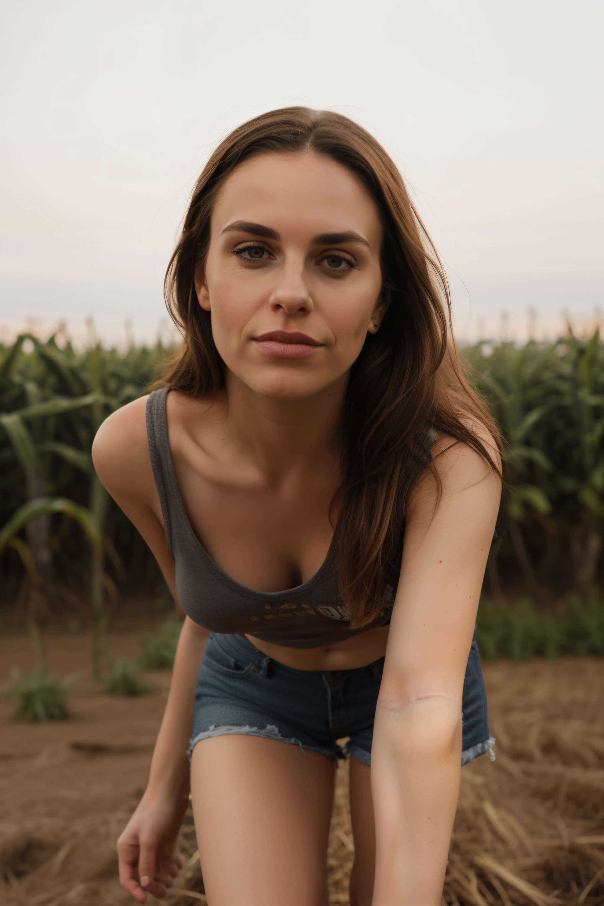 A stunning intricate full color portrait of a woman,wearing cutoff shorts, deep v T-shirt, having fun, epic character composition ,sharp focus, natural lighting, subsurface scattering, f2, 35mm, film grain, corn field in background, ((wide mouth)) and full lips, (large eyebrows),  angular jaw, boots, dark brown hair,, pursed lips,