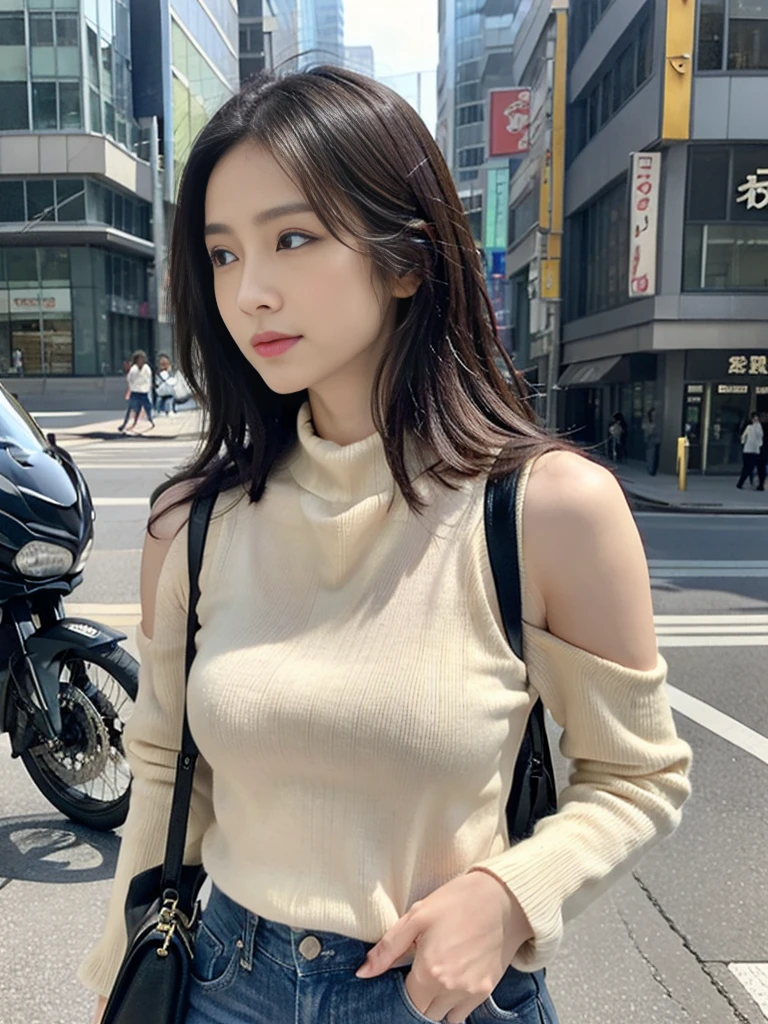 (Colossal tits、high-necksweater、shoulder bags)、(top-quality,tmasterpiece:1.3,超高分辨率,),(ultra - detailed,Caustics),(真实感:1.4,RAW shooting,)Hyper-realistic capture,A very detailed article,HD 16K human skin、 Natural skin texture、、The skin looks healthy、Evens skin tone、 Use natural light and color,A woman is,japanes,,kawaii,A brunette one,mid hair,(depth of fields、color difference、、Wide range of lighting、naturalshadow、)、(Hair swaying in the wind:1.2)、Streets of Tokyo,(Blur background people)
