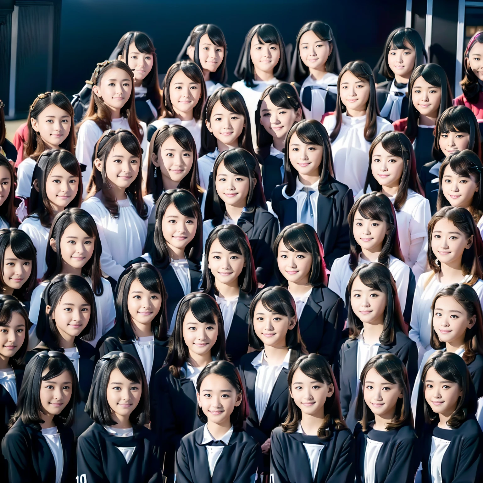 a picture、(((multiple girls))),((((6+girls)))),((((100girls)))),(((1000girls)))、((((100 Girls))))、(((crowd shot))),Women only、The same face、School Uniform、12 years old、Long black hair、100 cute girls、a smile、selfee、‎Classroom、Raw photo、(((Large group)))、a junior high school student