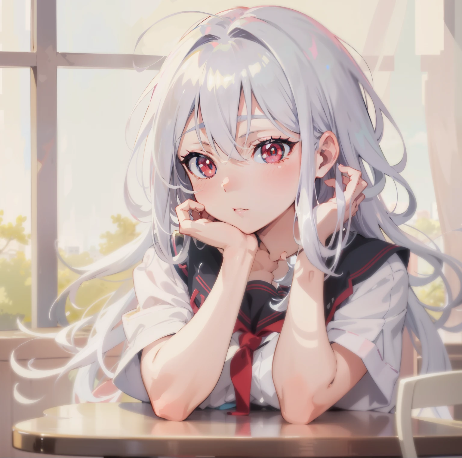 tmasterpiece,8k,animemanga girl,Gray hair and long hair,exquisite facial features,Delicate red pupils,Sit at the table,holding chin in hand, Anime visuals of a cute girl, perfect white hair girl, Anime cute art style, up of young anime girl, a beautiful anime portrait,, Cute Anime Girls, Portrait of an anime girl