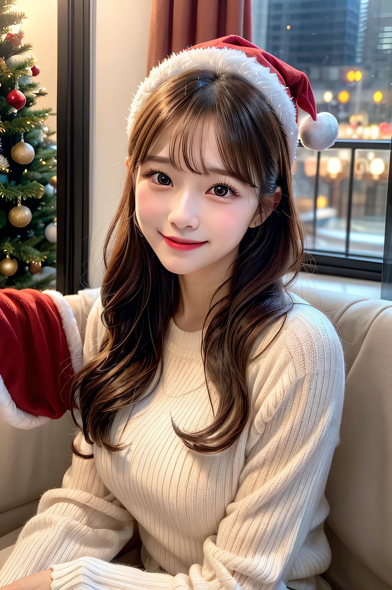 masutepiece, Best Quality, Illustration, Ultra-detailed, finely detail, hight resolution, 8K Wallpaper, Perfect dynamic composition, Beautiful detailed eyes, Long sleeve knit with shoulder extension,Bob Hair,full bodyesbian, Natural Color Lip, Random and sexy poses,Smile,20 years girl,　Beautuful Women:1.2、(Super cute face in idol style:1.2), Christmas tree,Christmas Party,Santa Claus Costume:1.2,