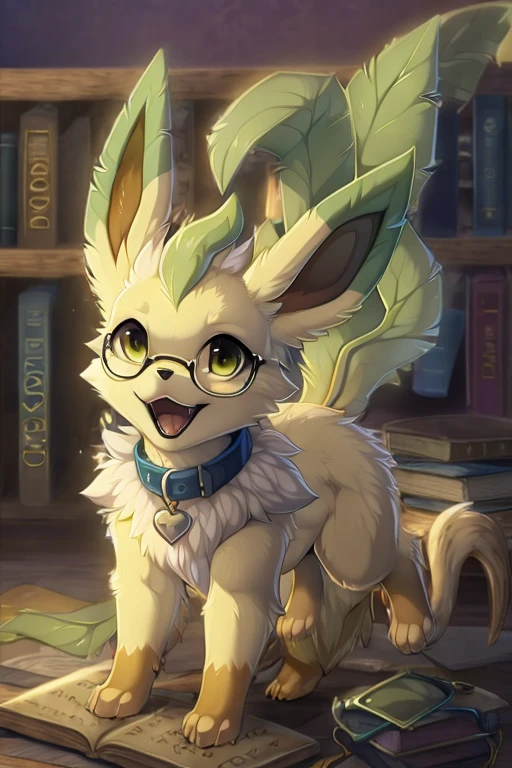 [by Hioshiru],furry, Feral, Pokemon, Long fluffy hair, Leafeon with mint green fur, Green eyes, happy and nervous, canine paws,glasses, paws for hands, short height, shortstack, heavy,blue collar with a heart pendant, perk,laying on back,Laying on a pile of books,library background,cum leaking from canine penis