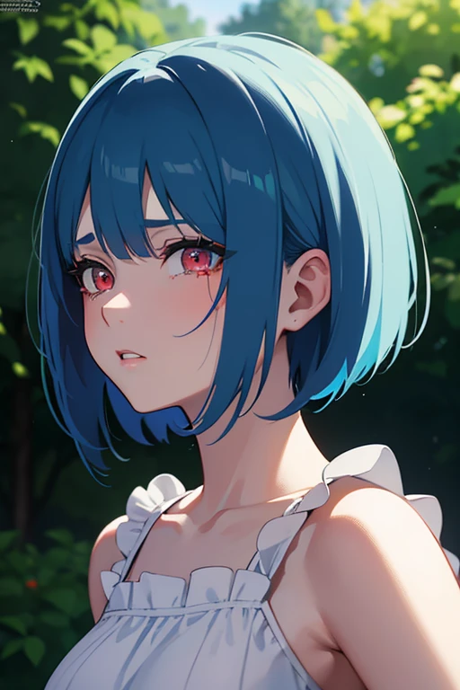 [A girl with blue hair, red eyes, anime style, bob cut, and a crying expression surrounded by penises. outdoors. ] (Top quality, ultra-detailed, photorealistic), (Portrait, vibrant colors), (Cool colors, soft lighting).