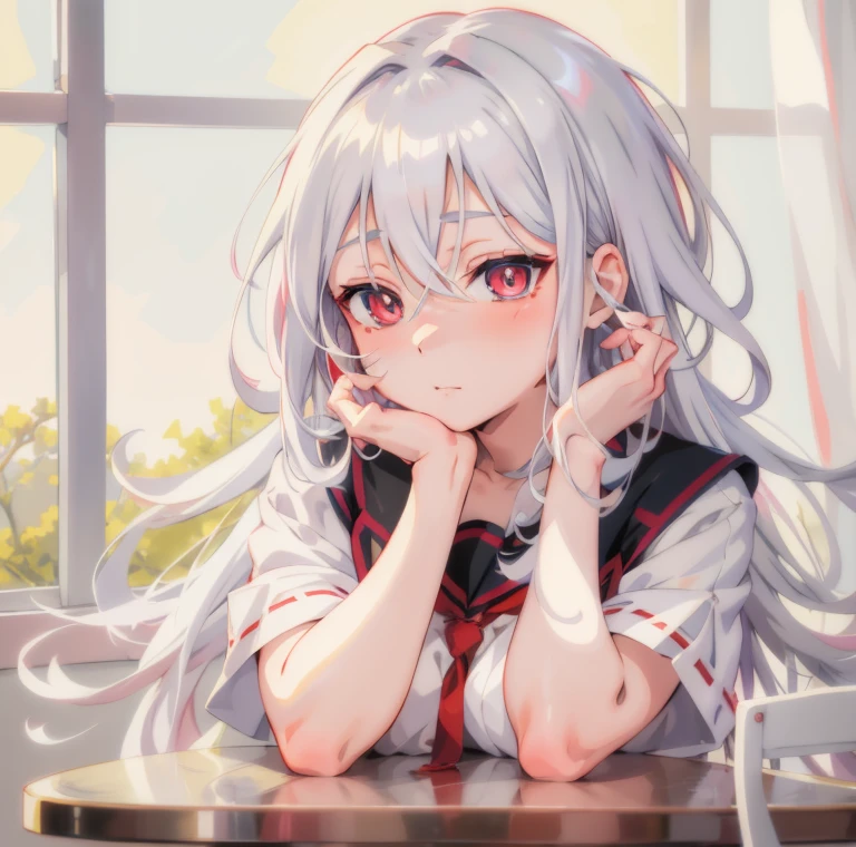 tmasterpiece,8K,Anime manga girl,gray hair and long hair,exquisite facial features,Delicate red pupils,Sit at the table,holding chin in hand, Anime visuals of a cute girl, perfect white hair girl, Anime cute art style, up of young anime girl, A beautiful anime portrait,, Cute Anime Girls, Portrait of an anime girl
