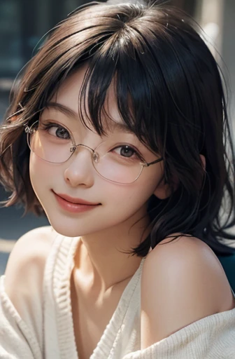 One lady, Japan people in their 20s, symmetrical beauty, Small face, sharp outline, A dark-haired, Shoulder length short bob hair, Curly hair, The hair near the shoulders should have strong waves., With bangs, thick eyebrow,realisticeyes, 二重まぶた, drooing eyes, Thicker lips, closes mouth, A slight smil, Smiling smile, Rimless glasses, Rimless glasses, Wheat-toned skin, realistic skin textures, H Cup, a little fat, High-neck sweater, black jacket on top, full bodyesbian, directly in front of the camera, looking directly at the viewer, Looking at the camera, The light source is from the front.